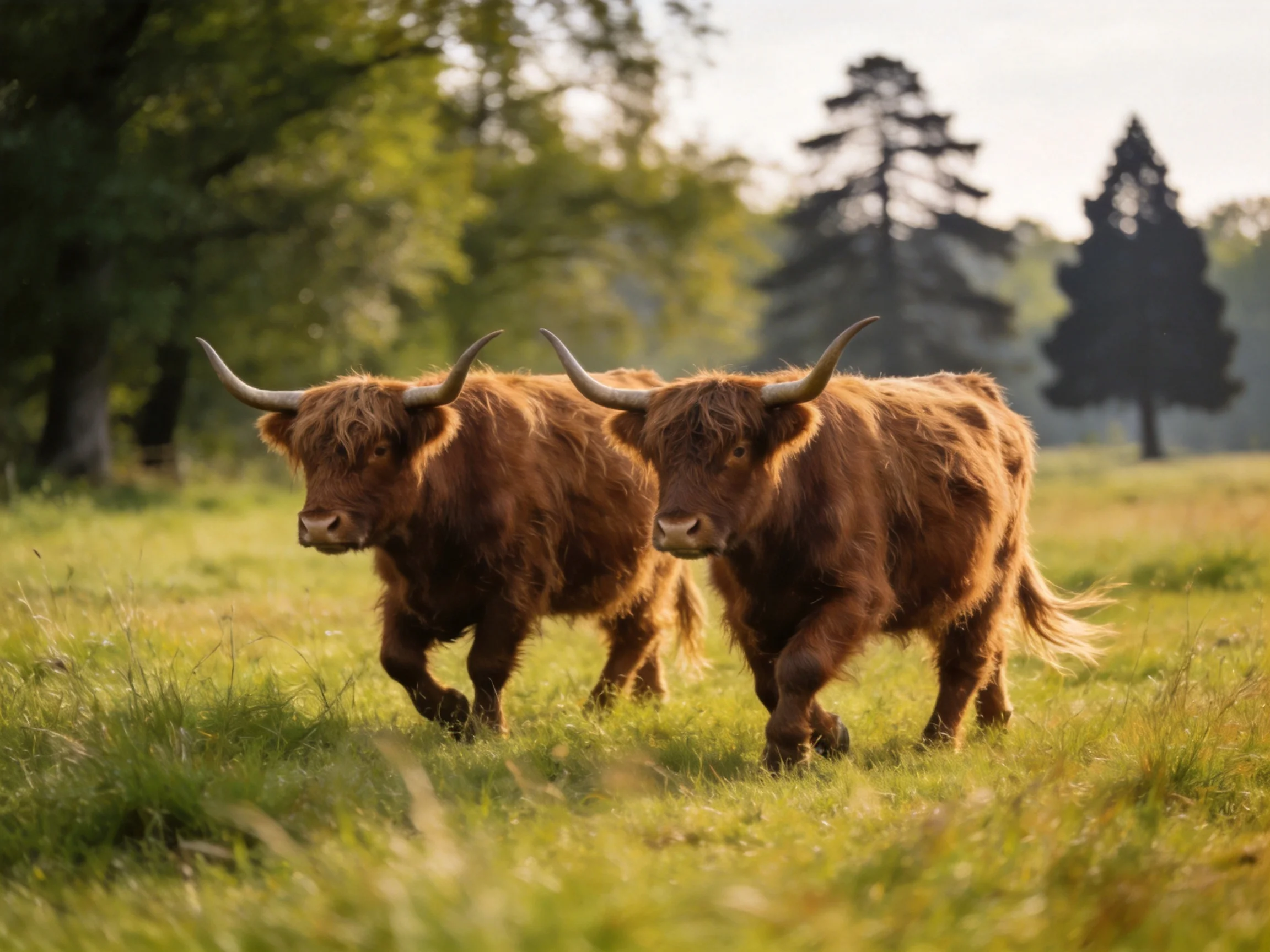 Two shaggy brown Highland cattle move through a sunlit green meadow.