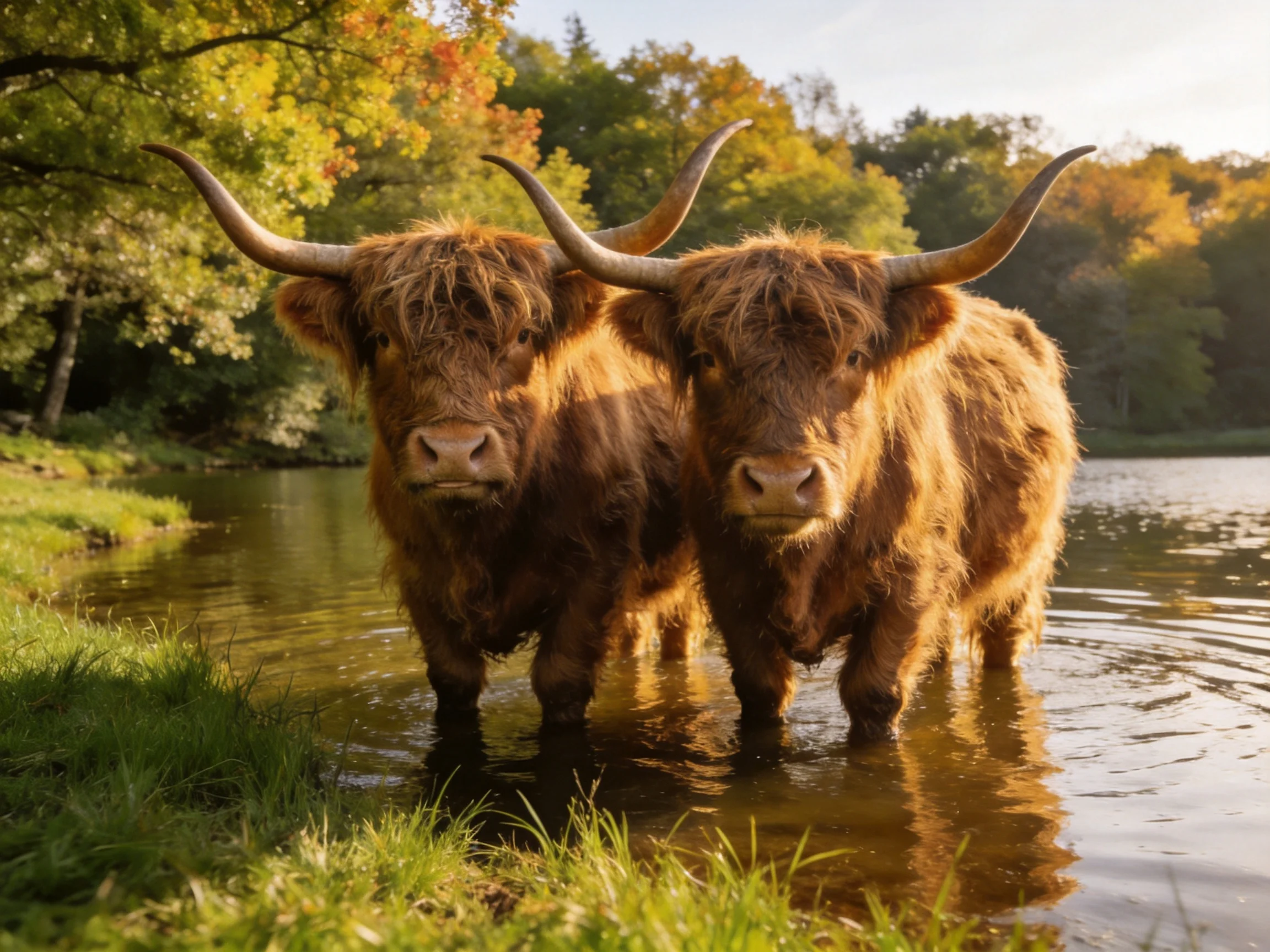 Two shaggy brown Highland cattle wade in a sunlit river near autumnal trees