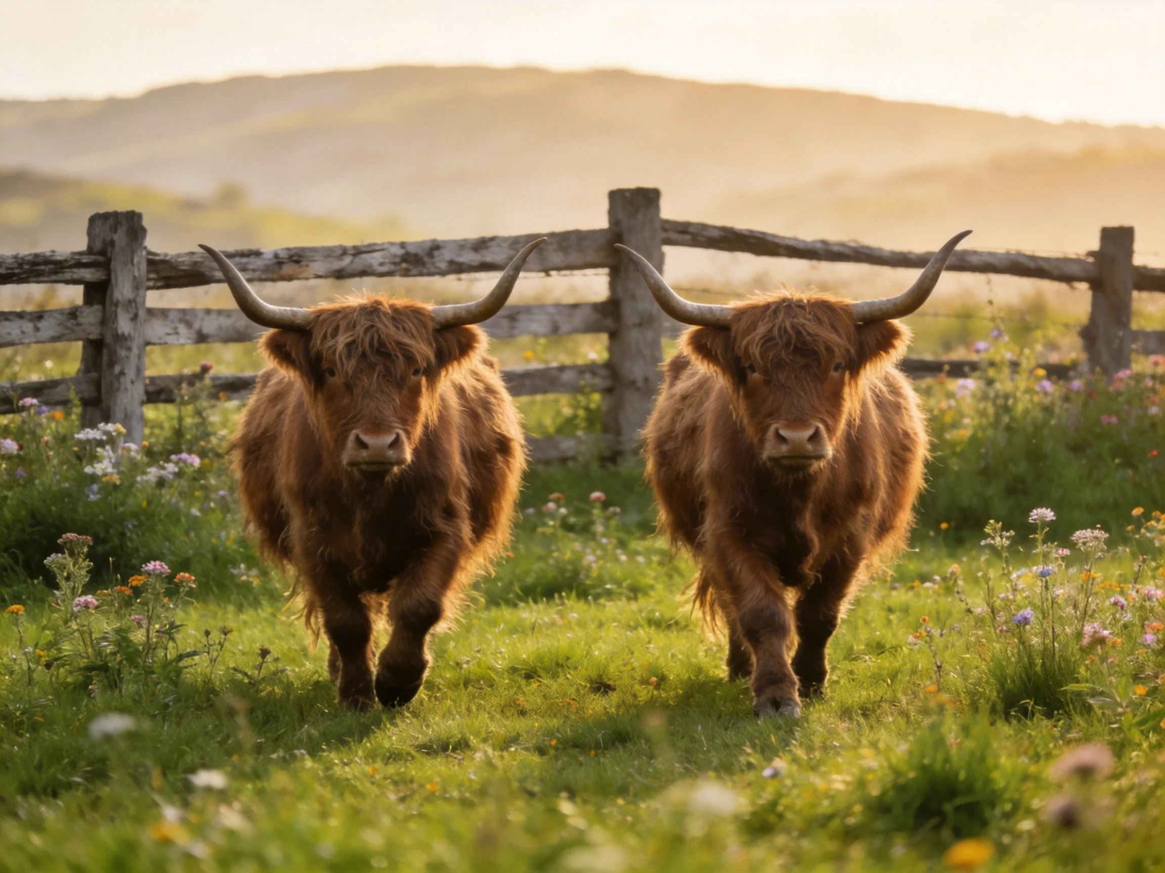 Two shaggy brown Highland cattle walk through a flowered pasture near a wooden fence