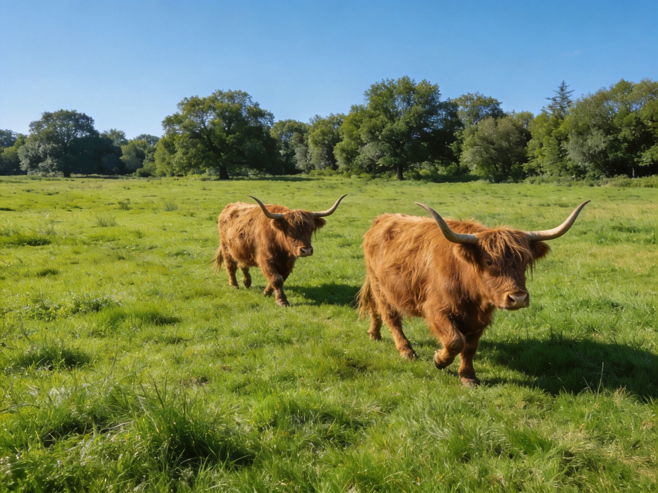 Two shaggy brown Highland cattle wander a verdant meadow