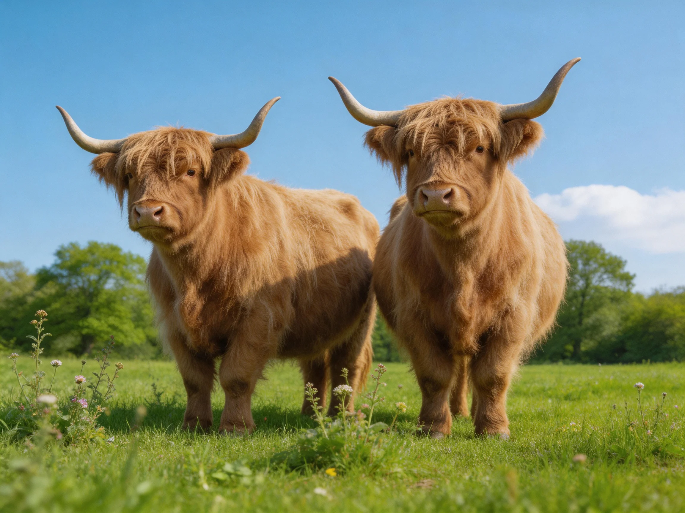 Two shaggy brown Highland cows in a bright green meadow