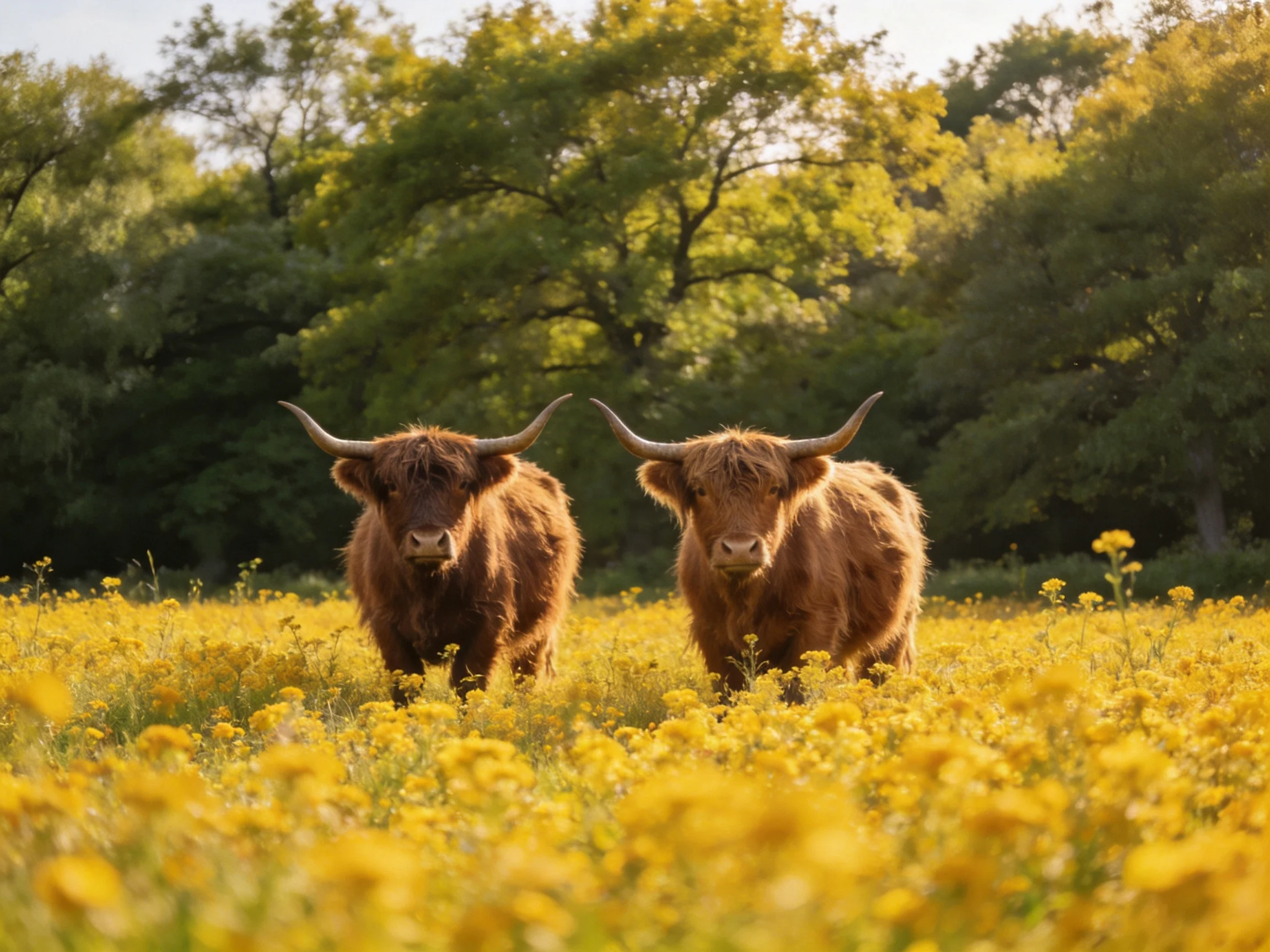 Two shaggy brown Highland cows in a golden flower meadow with green trees