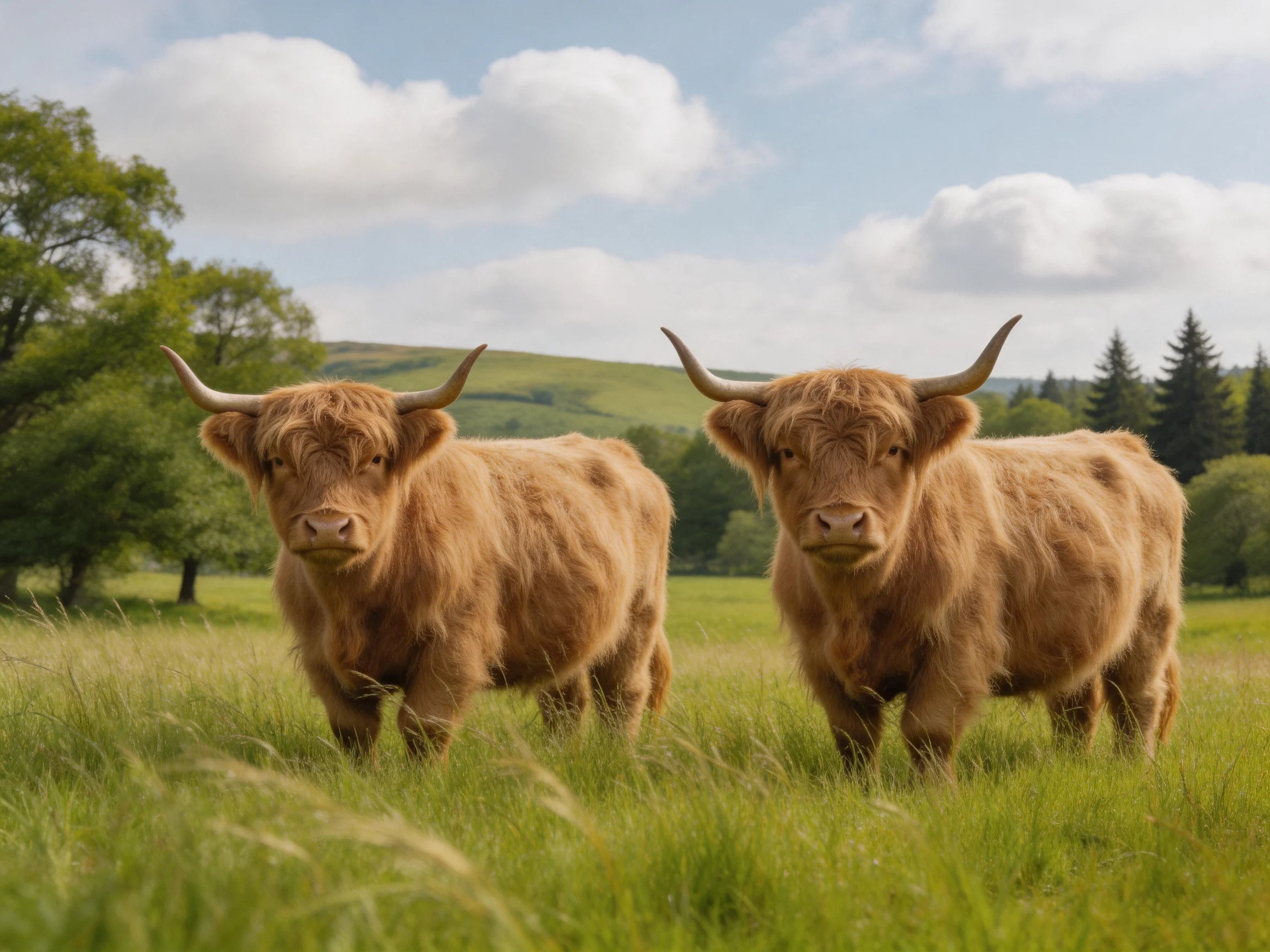 Two shaggy brown Highland cows in a lush green pasture