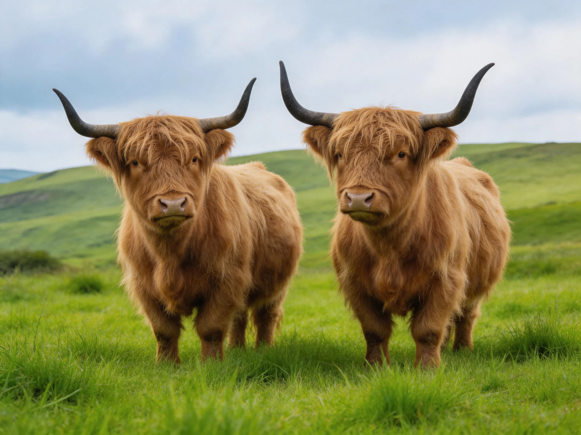 Two shaggy brown Highland cows in a lush green pasture