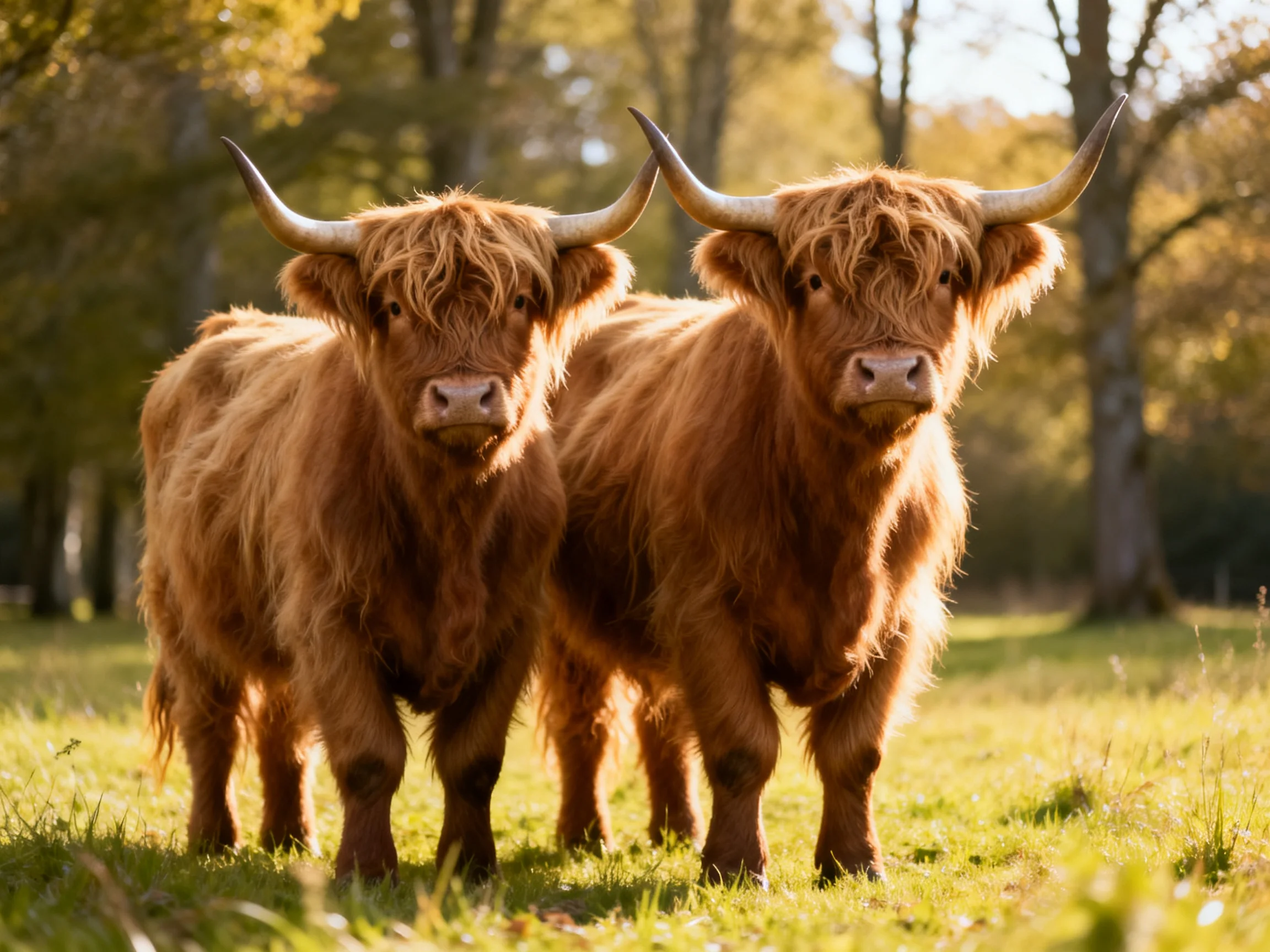 Two shaggy brown Highland cows in a sunlit grassy field with trees