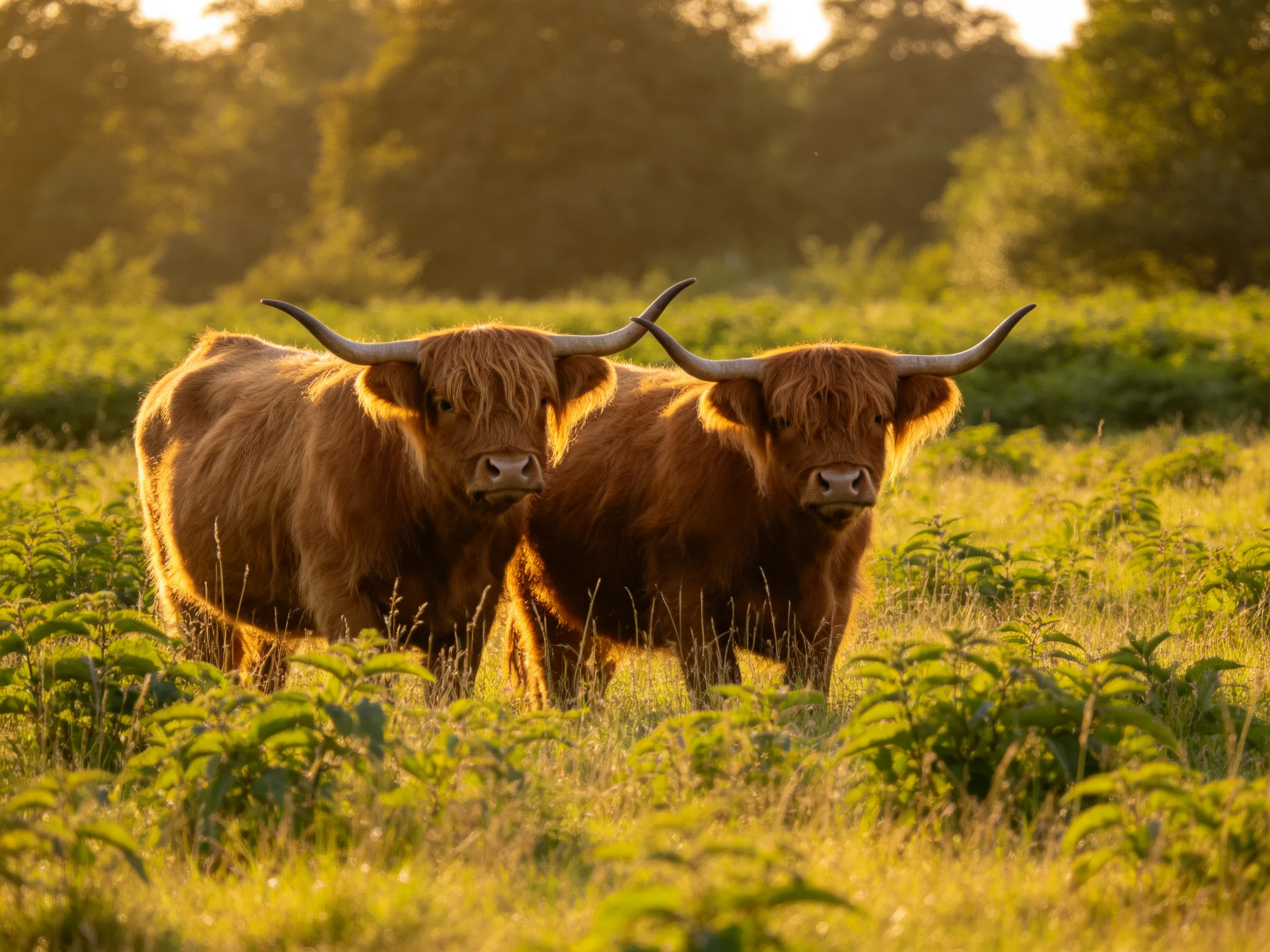 Two shaggy brown Highland cows in a sunlit green meadow