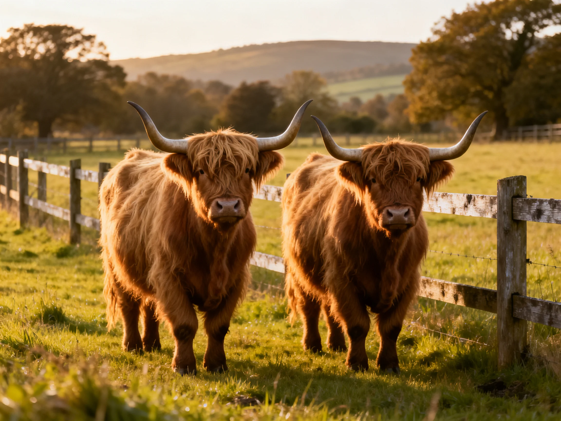 Two shaggy brown Highland cows near a weathered wooden fence in a golden field