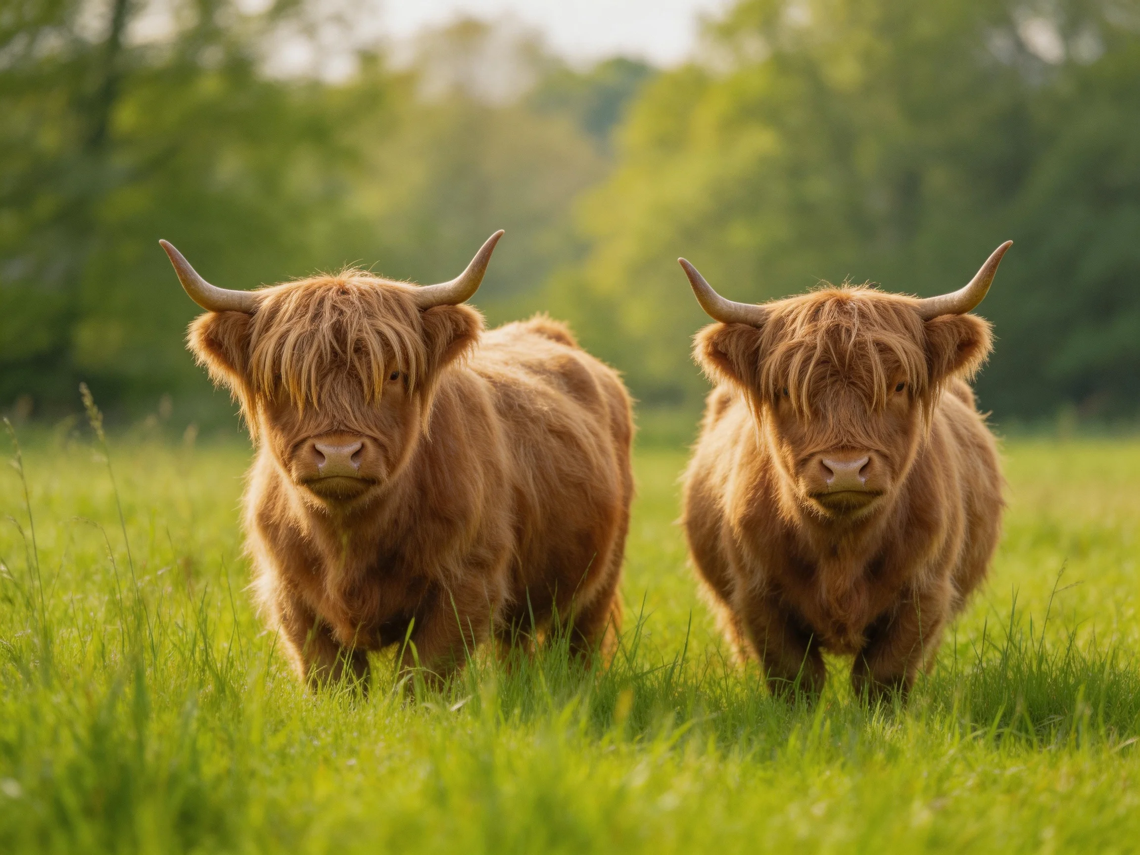 Two shaggy brown Highland cows stand in a sun-drenched green meadow