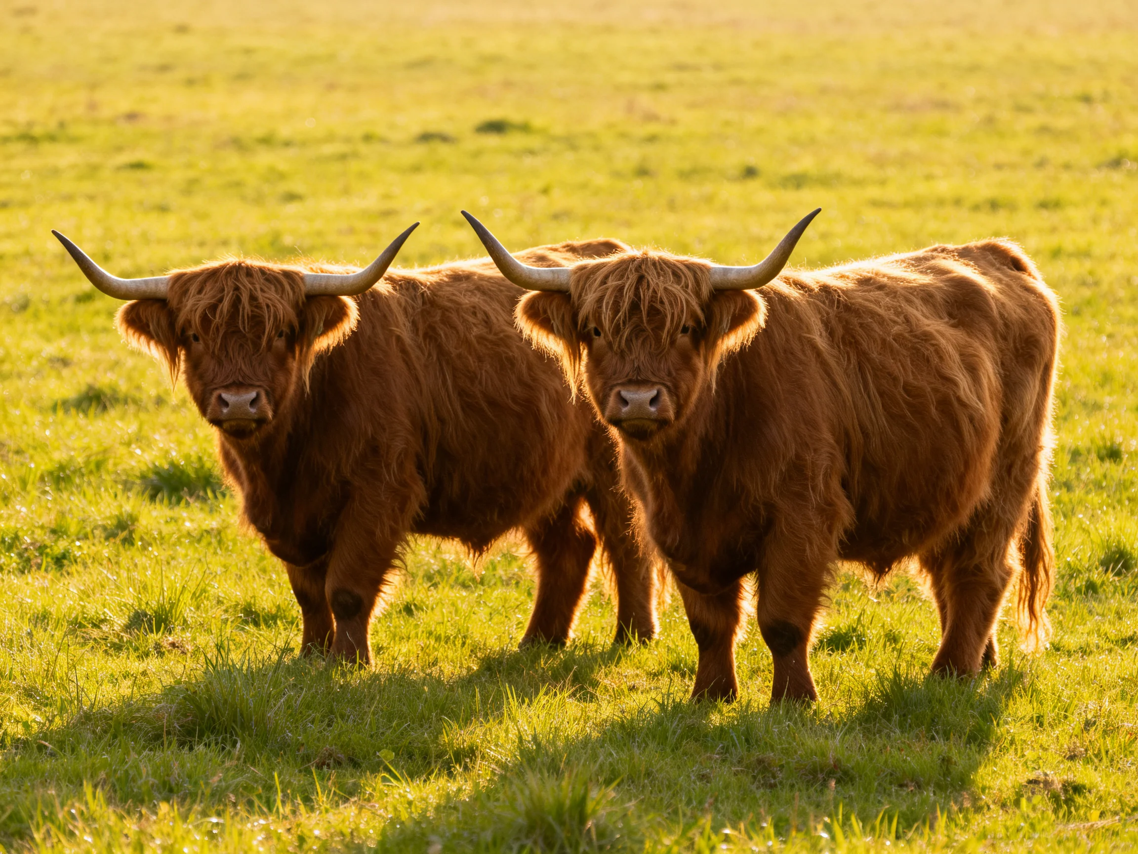 Two shaggy brown Highland cows stand together in a sunlit meadow.