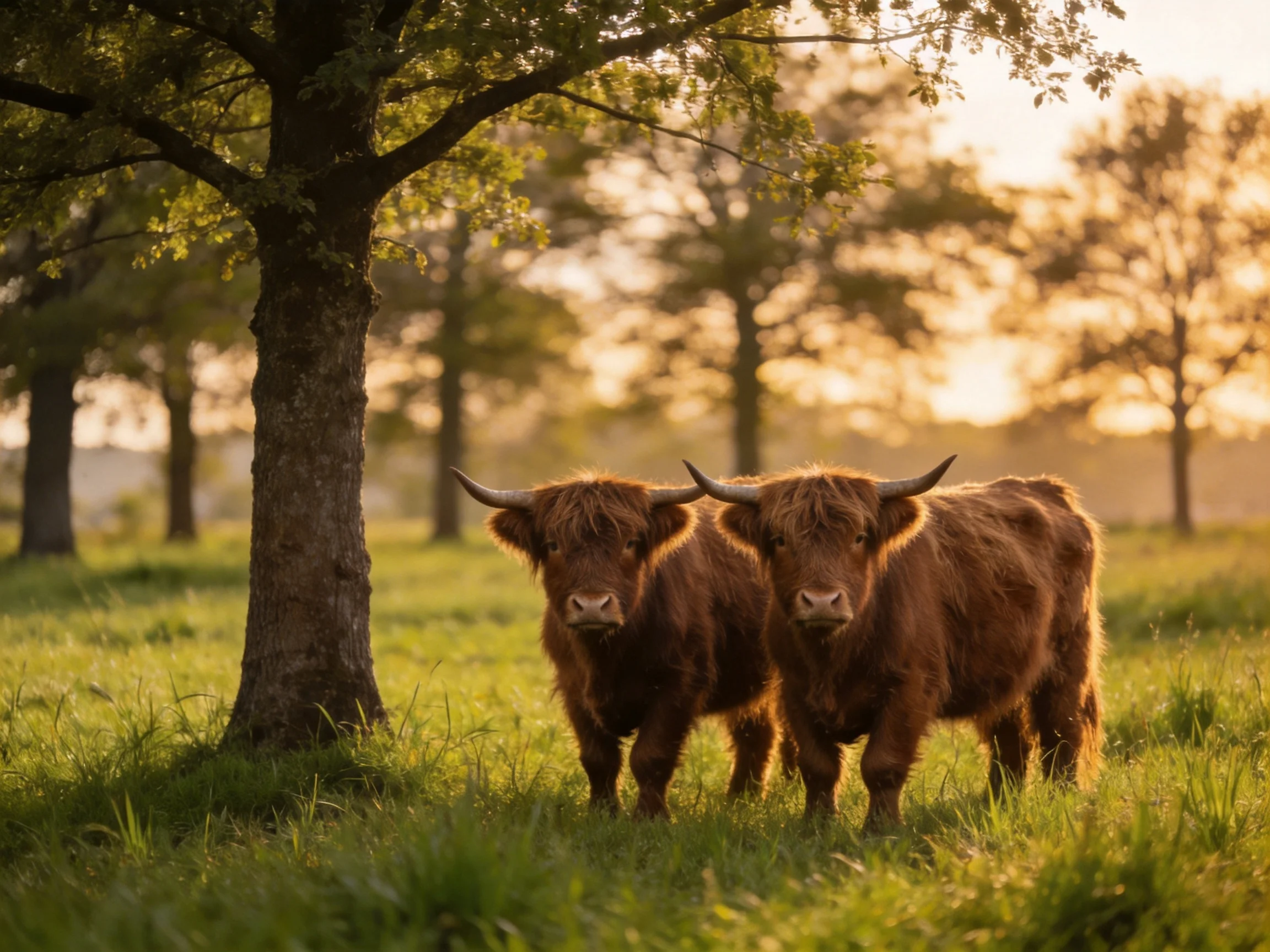 Two shaggy brown cattle in a sunlit green meadow beside large trees