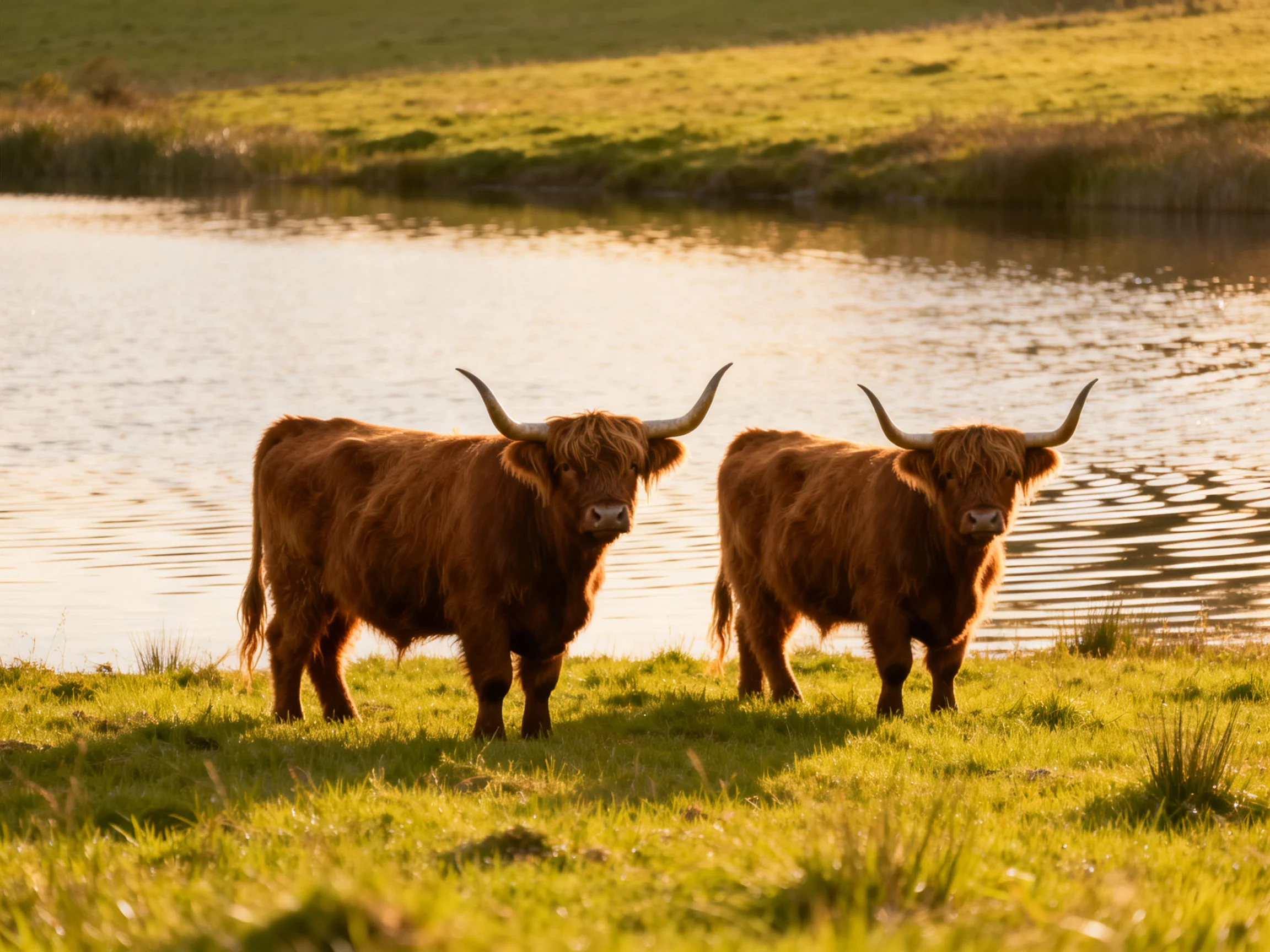 Two shaggy brown cattle near a calm pond on green grass