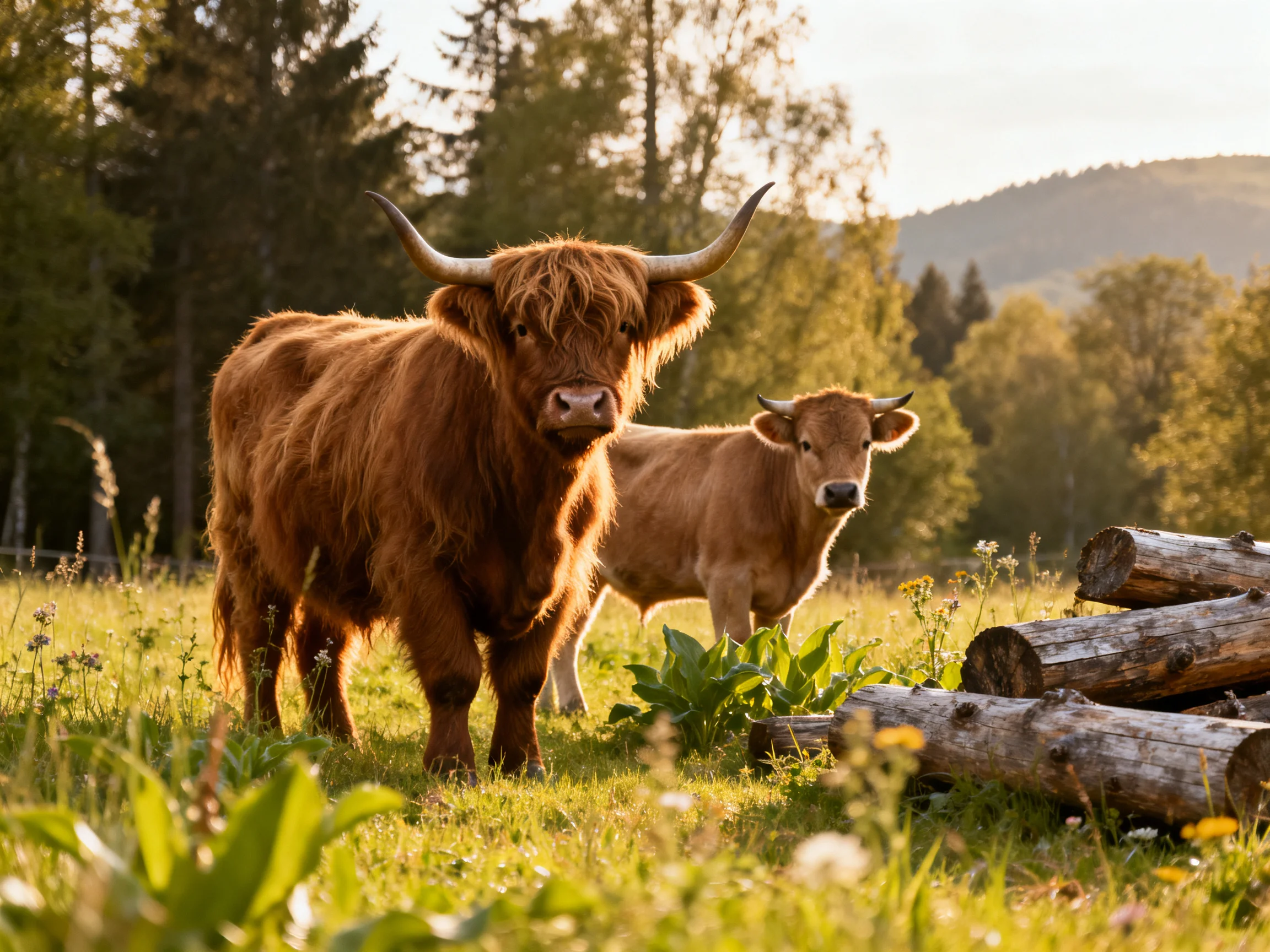 Two shaggy brown cattle stand near stacked logs in a sunlit meadow