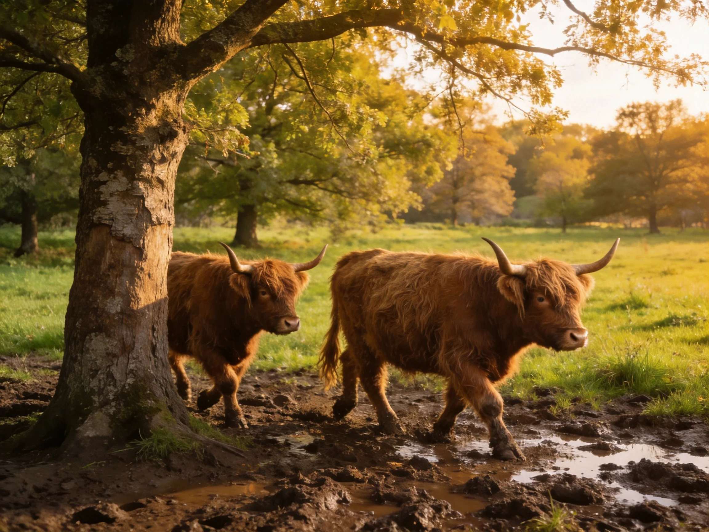 Two shaggy brown cattle traverse a muddy path next to a massive tree in a golden-hued meadow