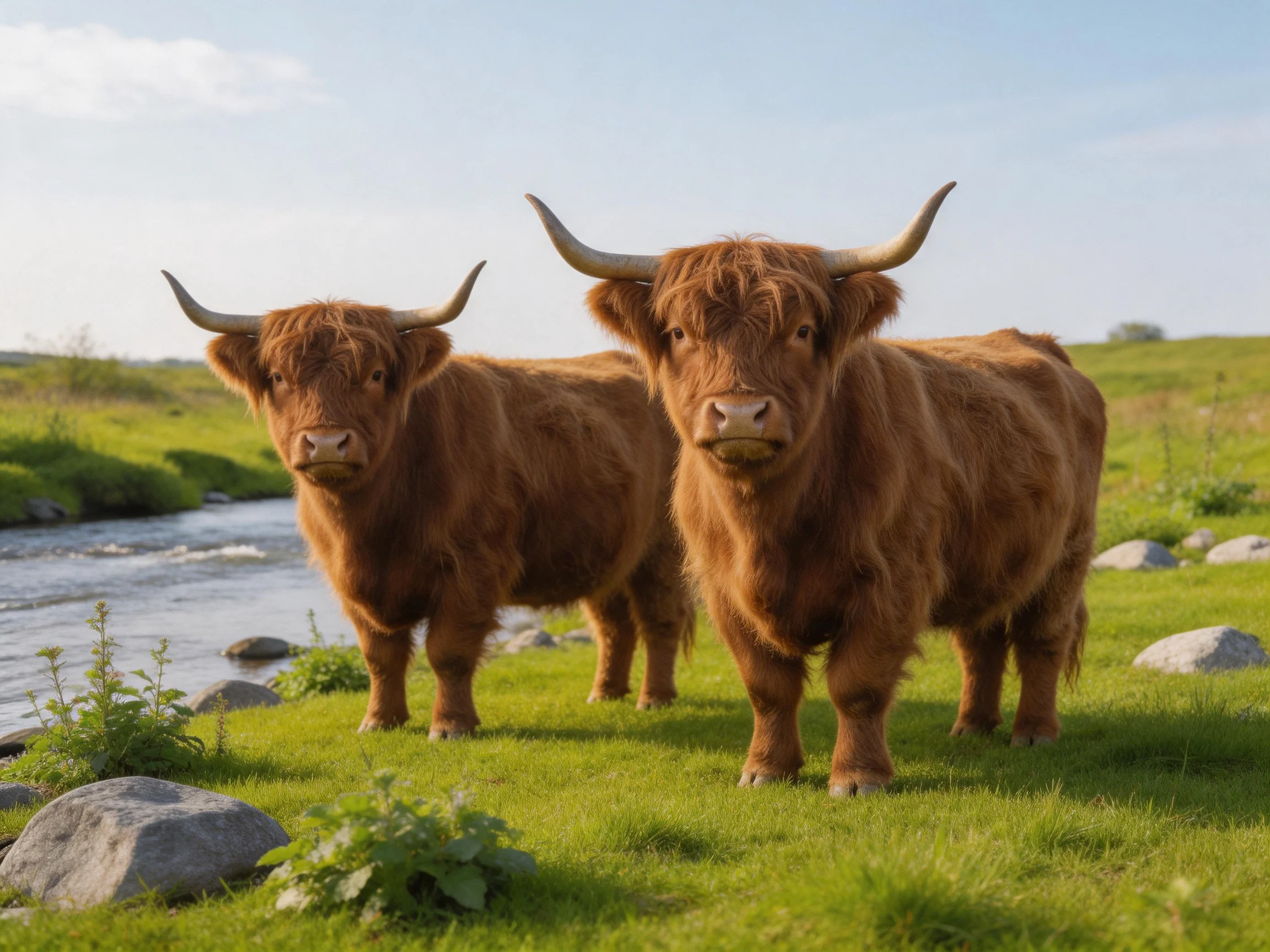 Two shaggy brown horned cattle near a winding stream in a green meadow