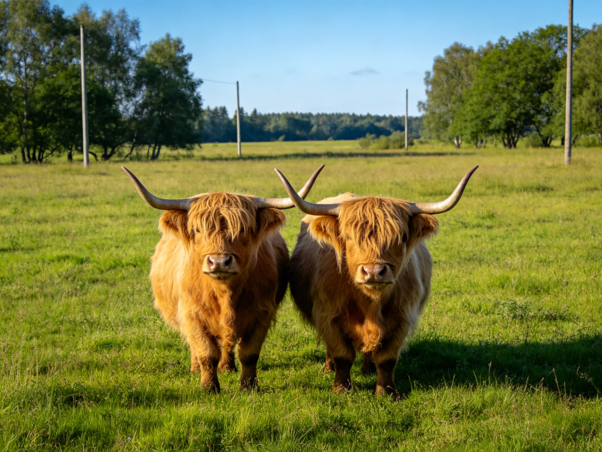 Two shaggy brownHighland cattle stand in a lush green meadow