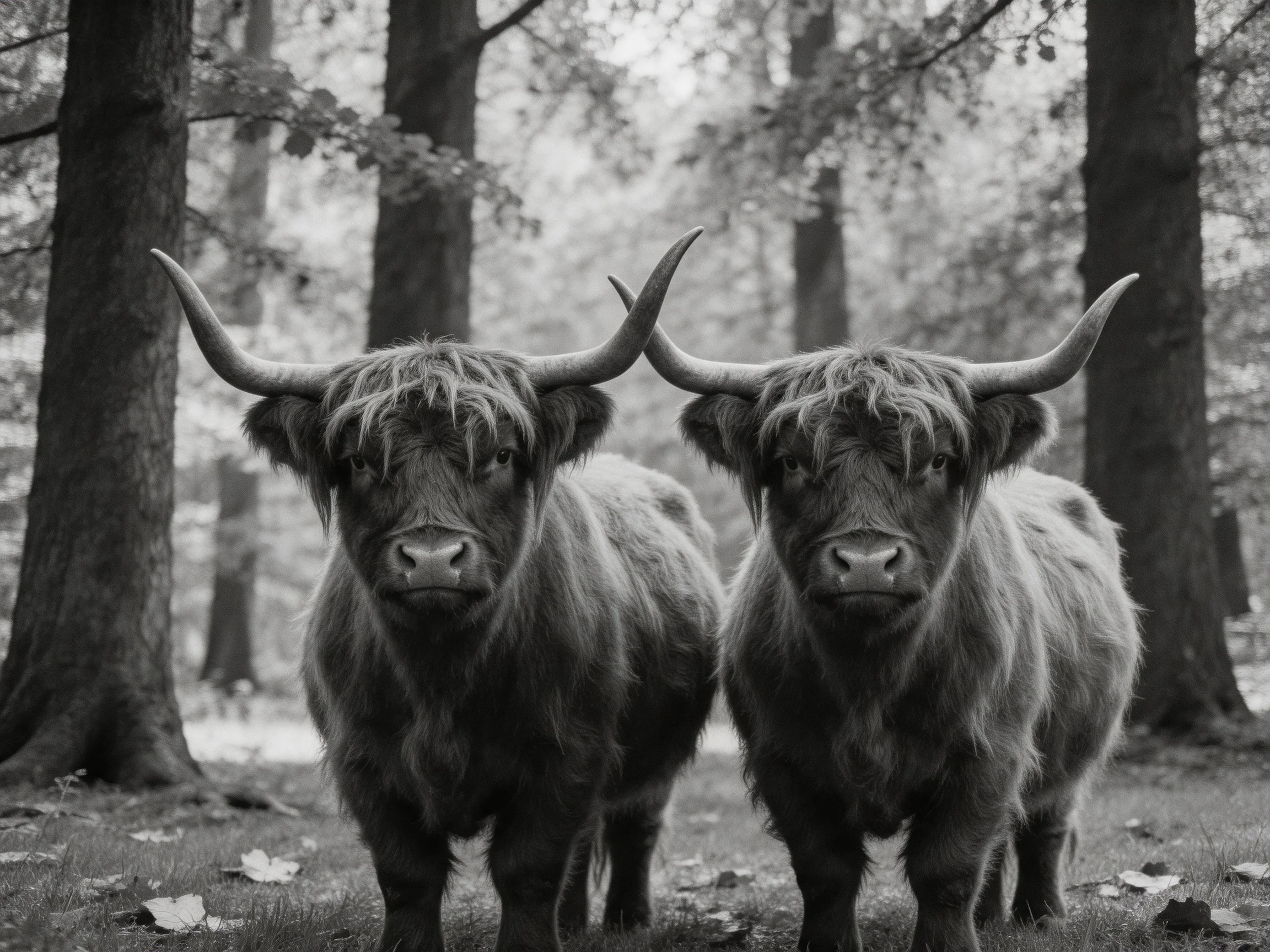Two shaggy-coated Highland cattle stand in a misty forest