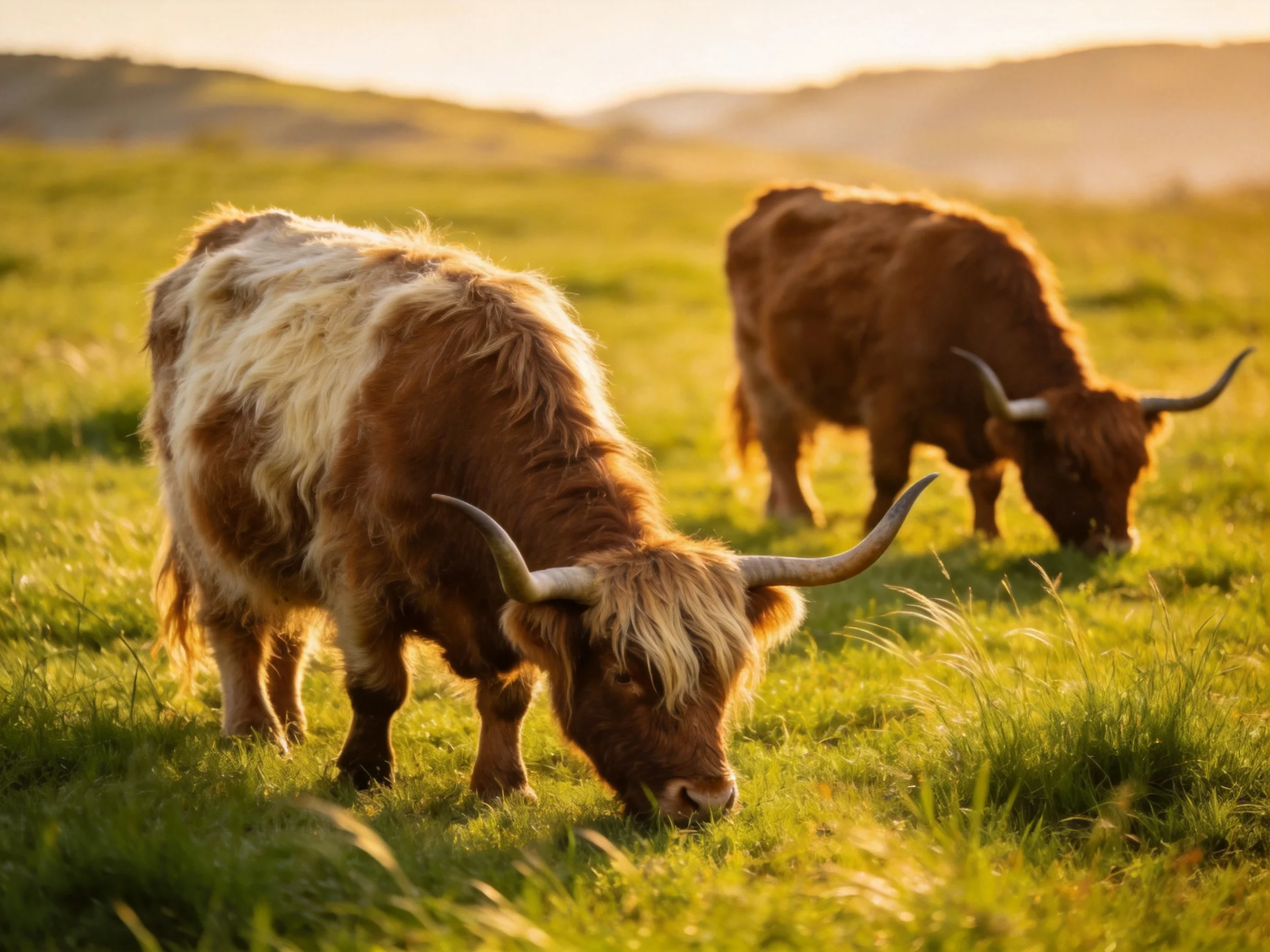 Two shaggy-haired Highland cattle graze in a sunlit green meadow during golden hour