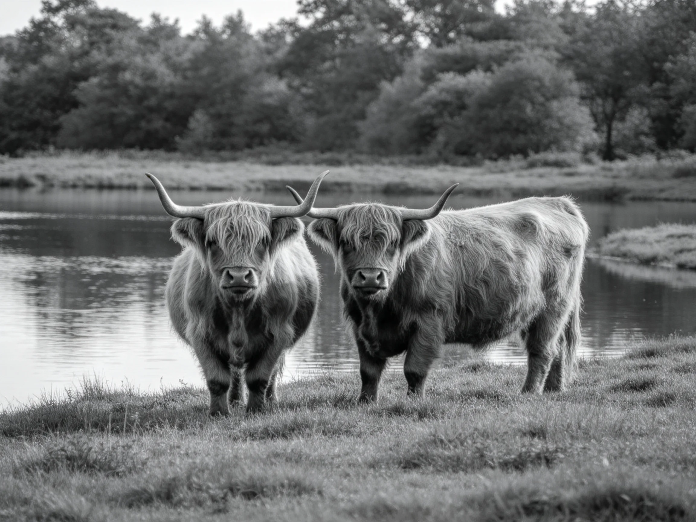 Two Highland cattle stand near a calm body of water.