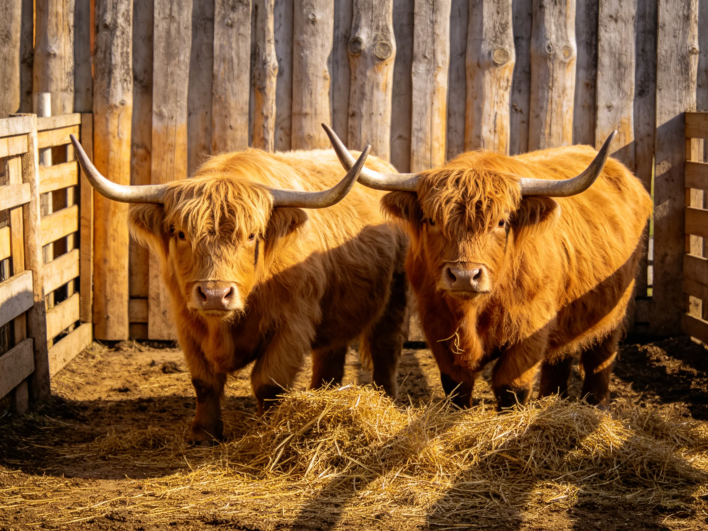 Two shaggy Highland cattle stand near hay and a wooden fence.