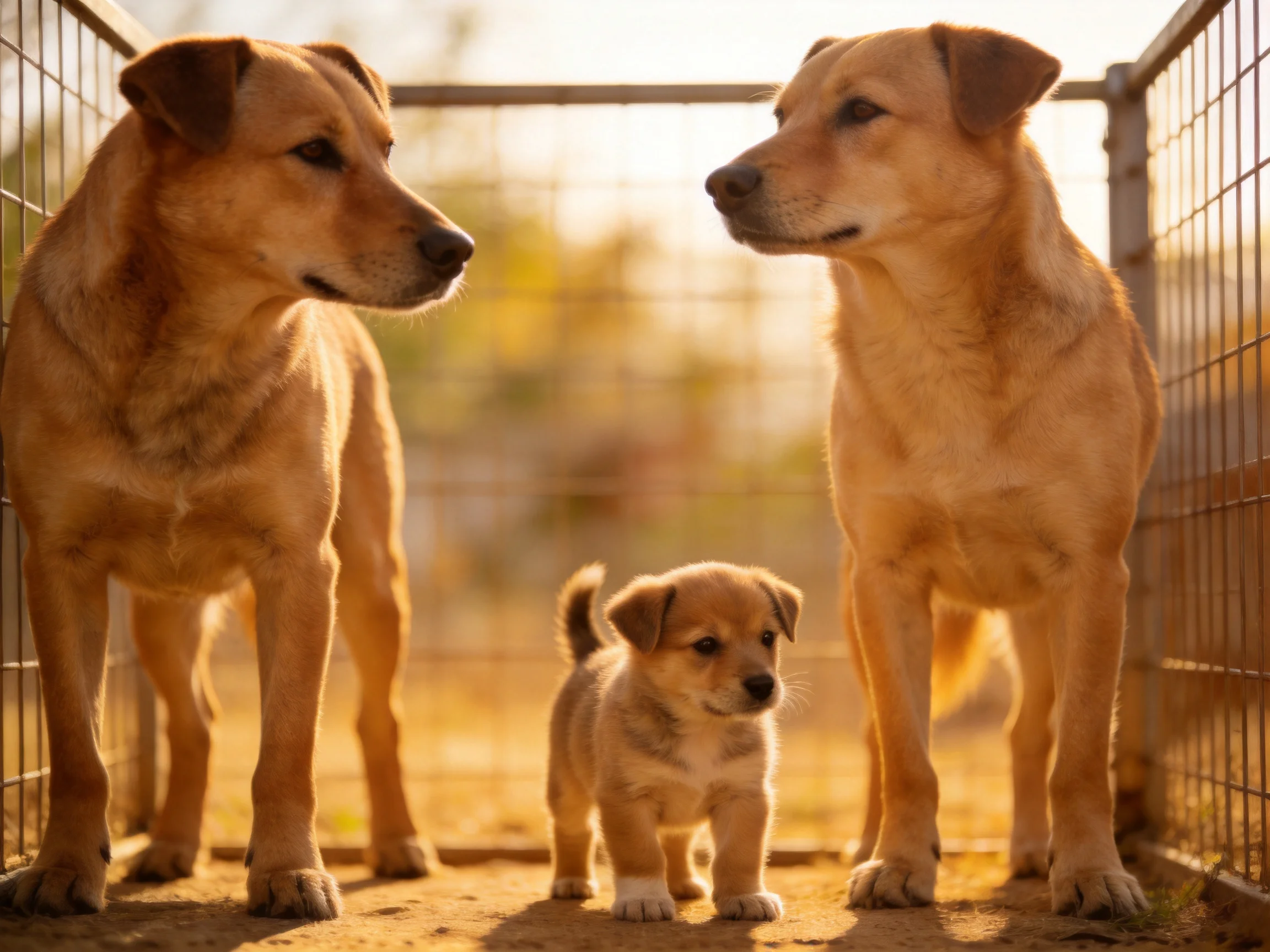 Two tan adult dogs and a puppy near metal enclosures