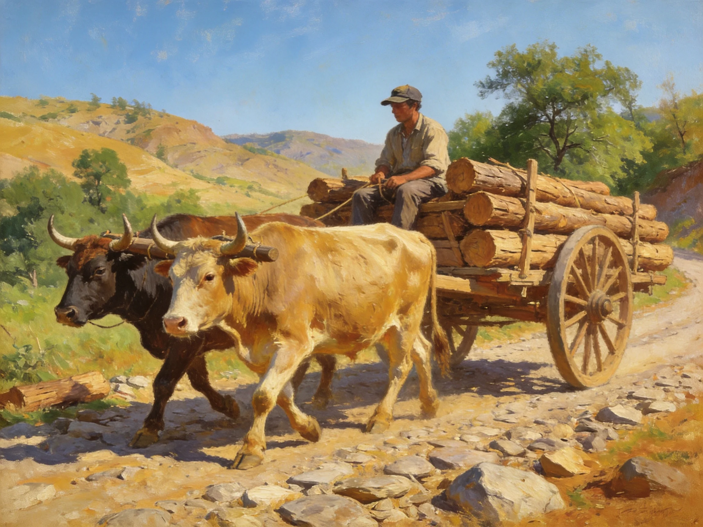 Two tan and brown oxen pull a wooden cart loaded with logs