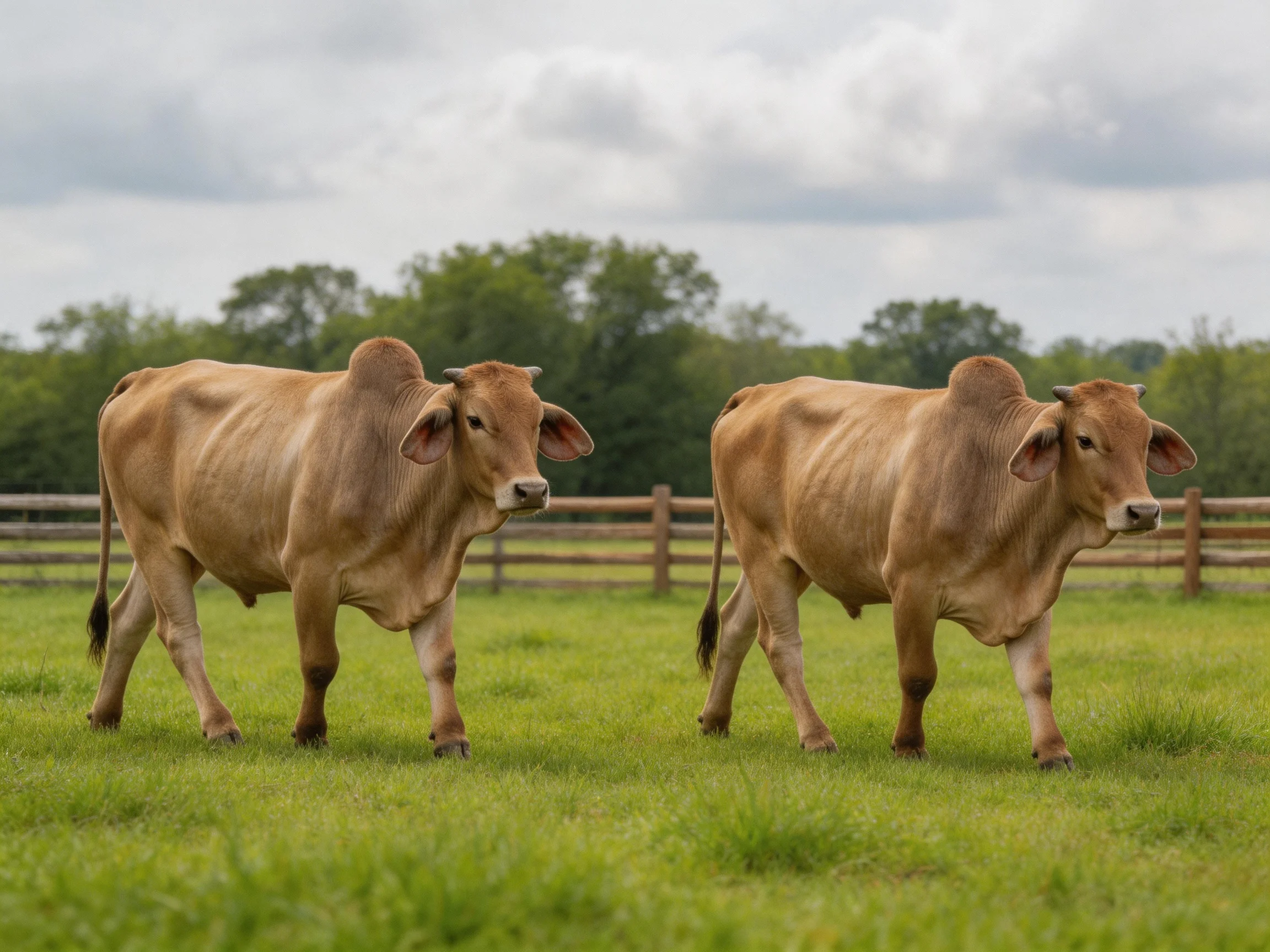 Two tan cattle walk through a verdant pasture near wooden fencing