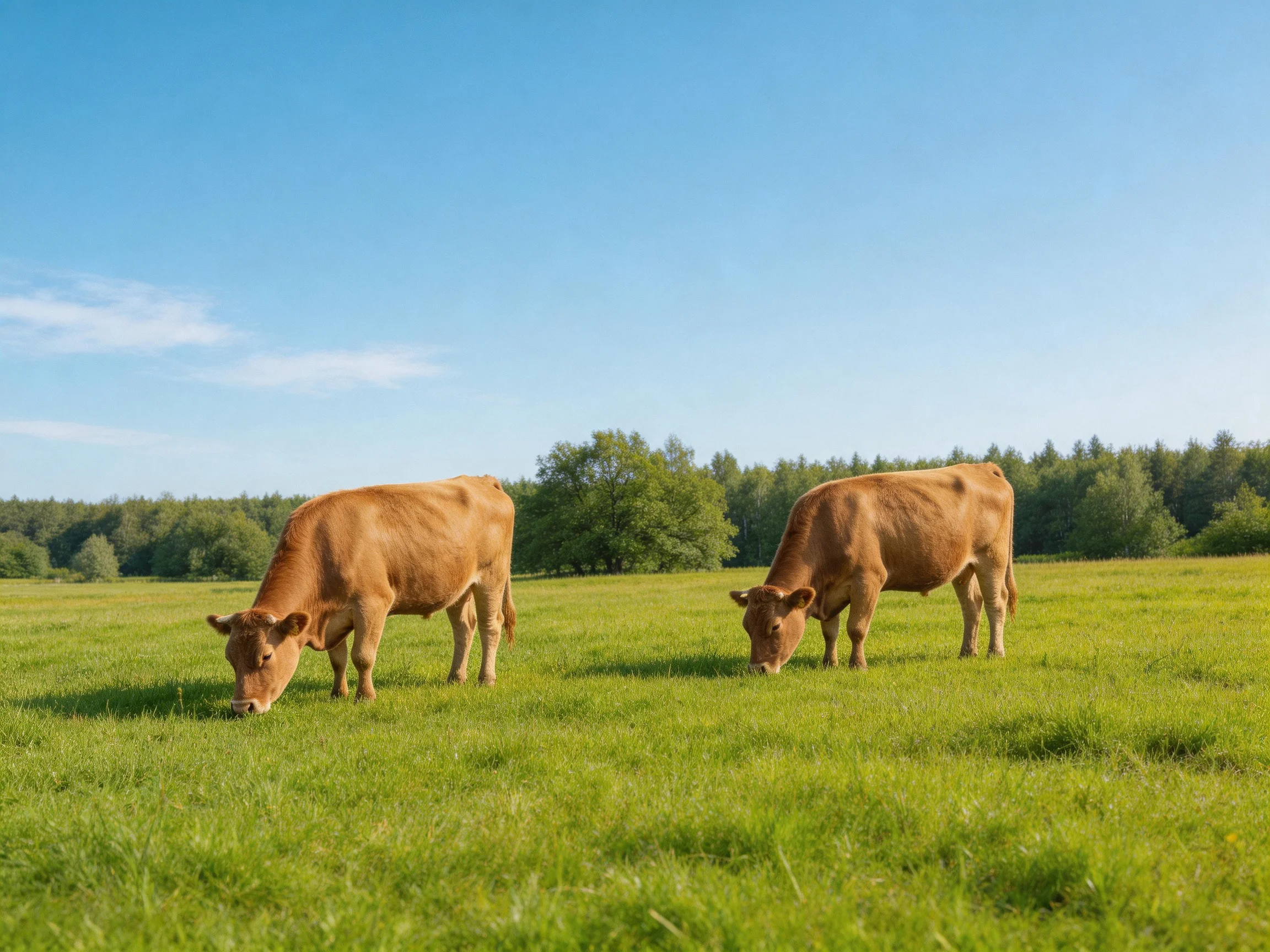 Two tan cows graze in a lush green meadow beneath a clear blue sky