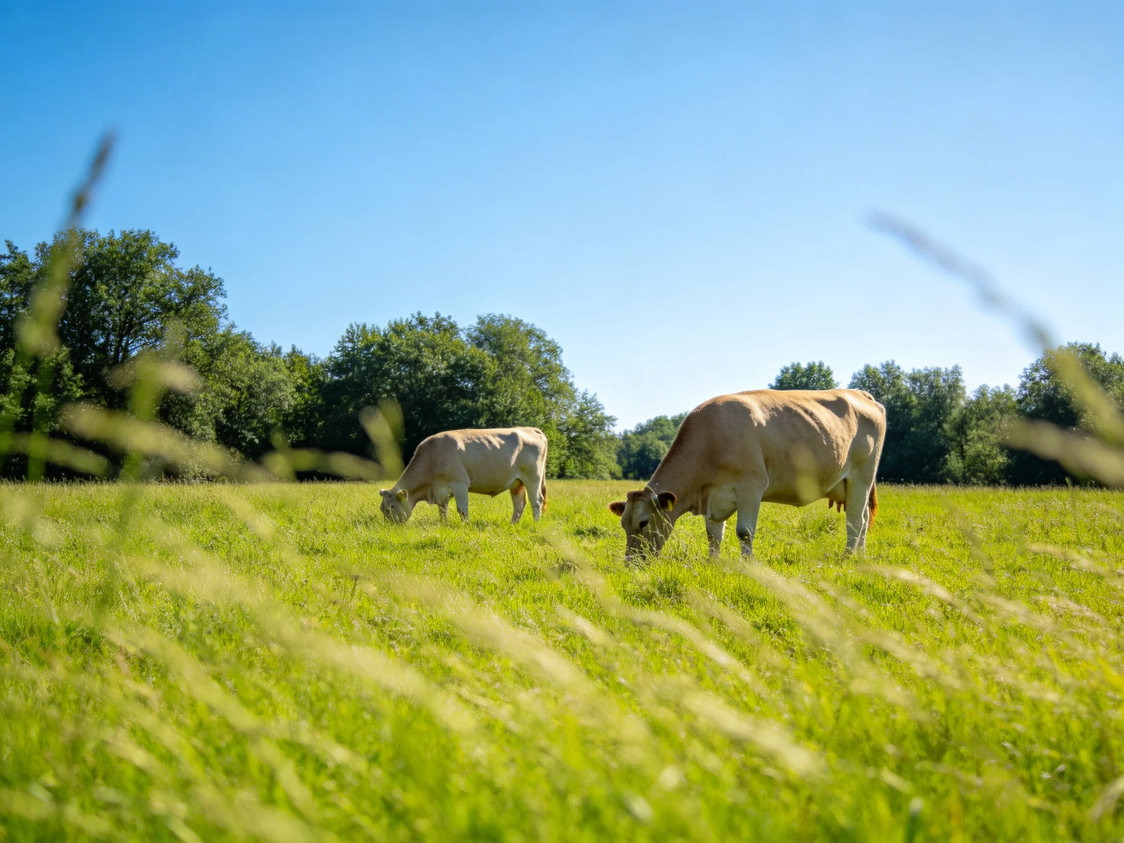 Two tan cows graze in a lush green meadow under bright blue sky