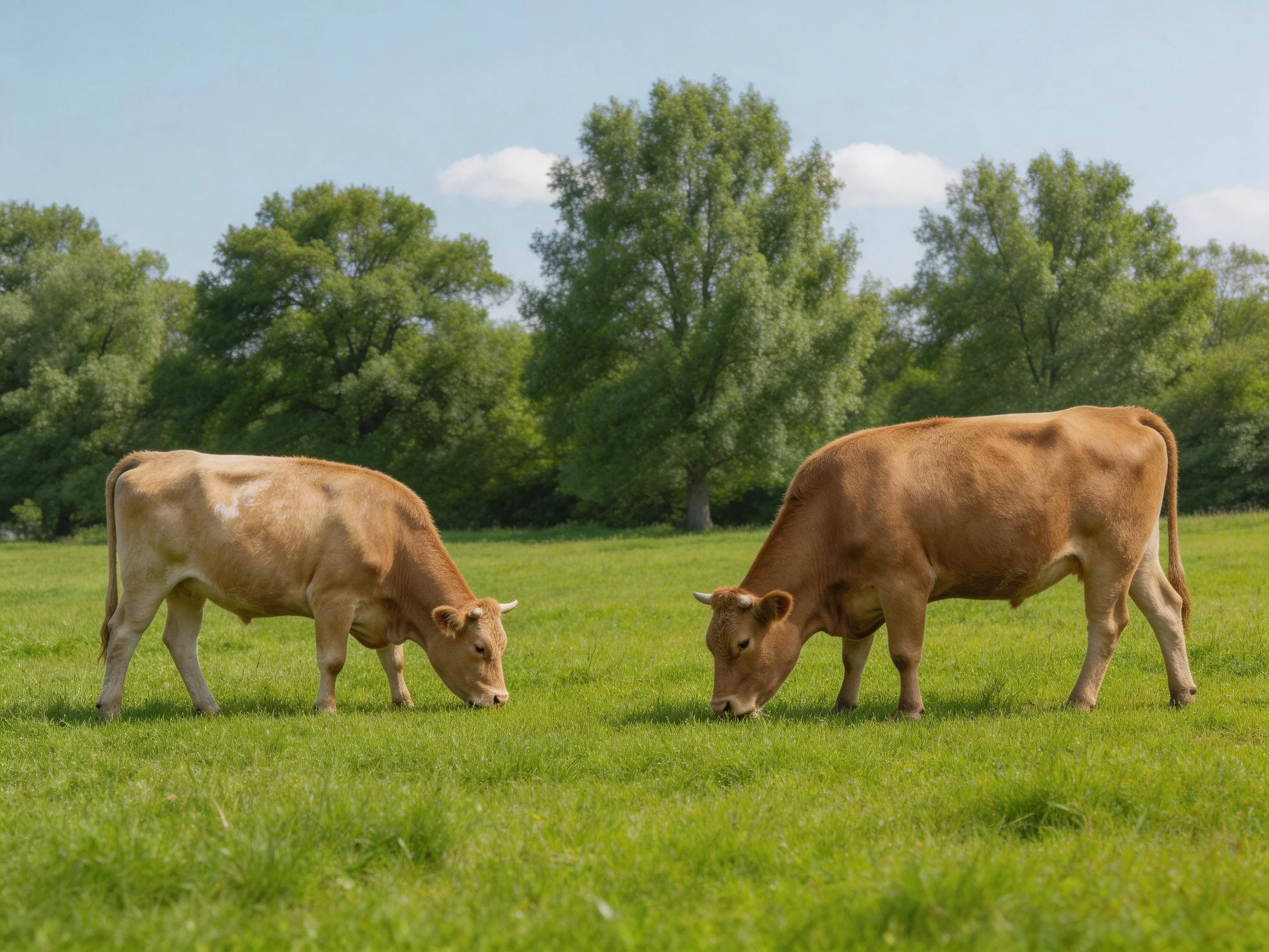 Two tan cows graze in a lush green pasture near tall leafy trees
