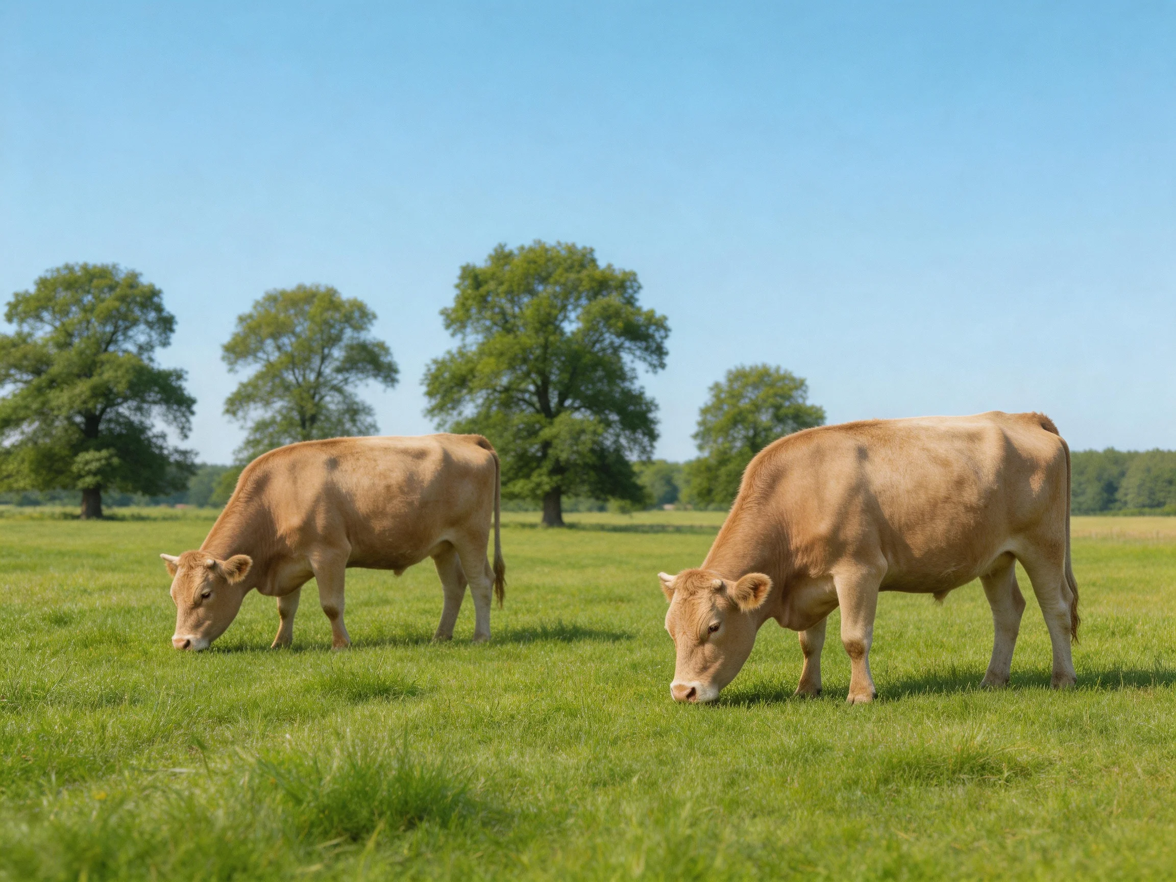 Two tan cows graze in a lush green pasture with tall trees
