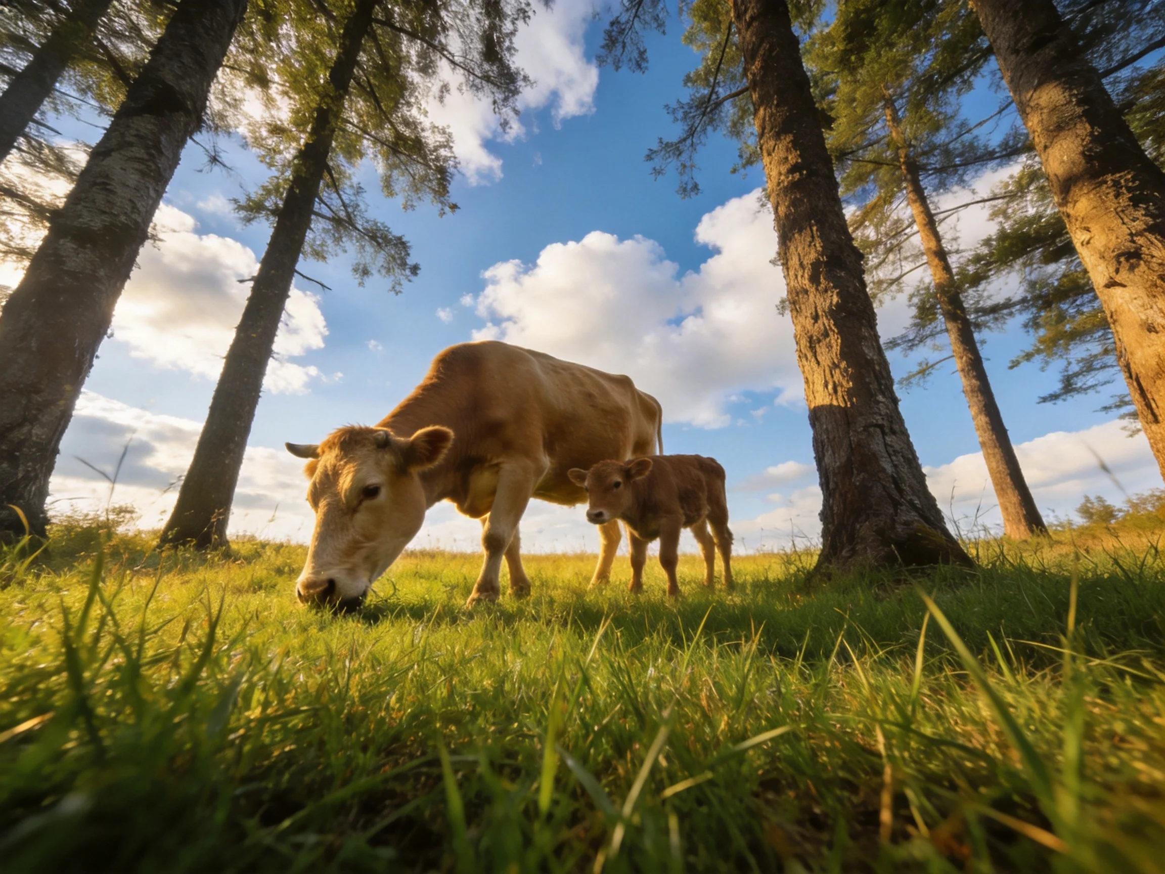 Two tan cows graze in a sunlit forest clearing