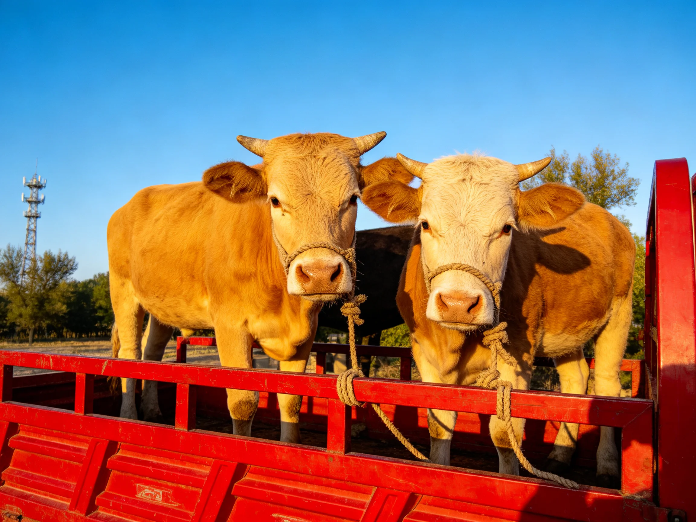 Two tan cows are secured in a bright red trailer outdoors.