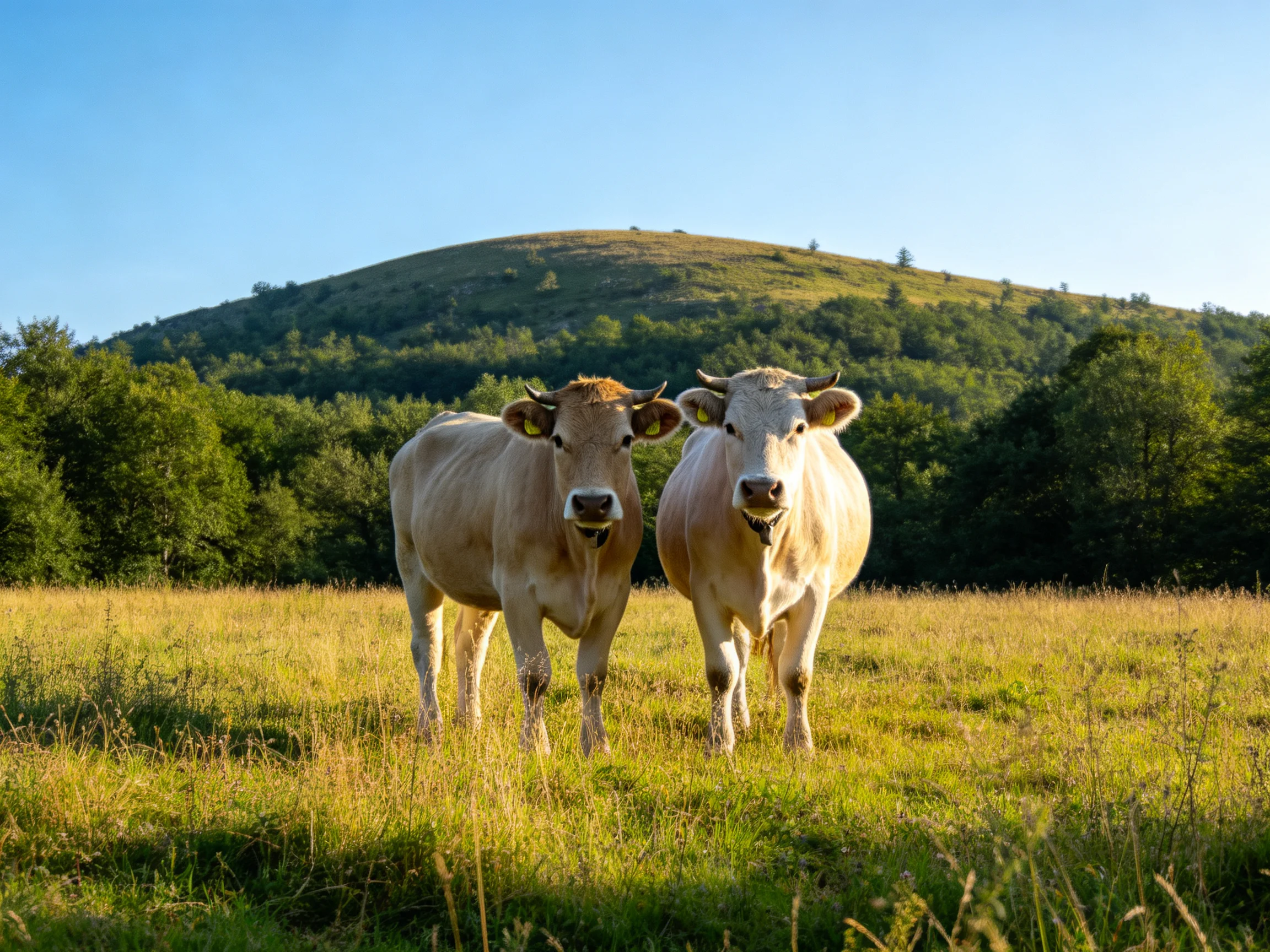 Two tan cows in a golden meadow near a forested hill