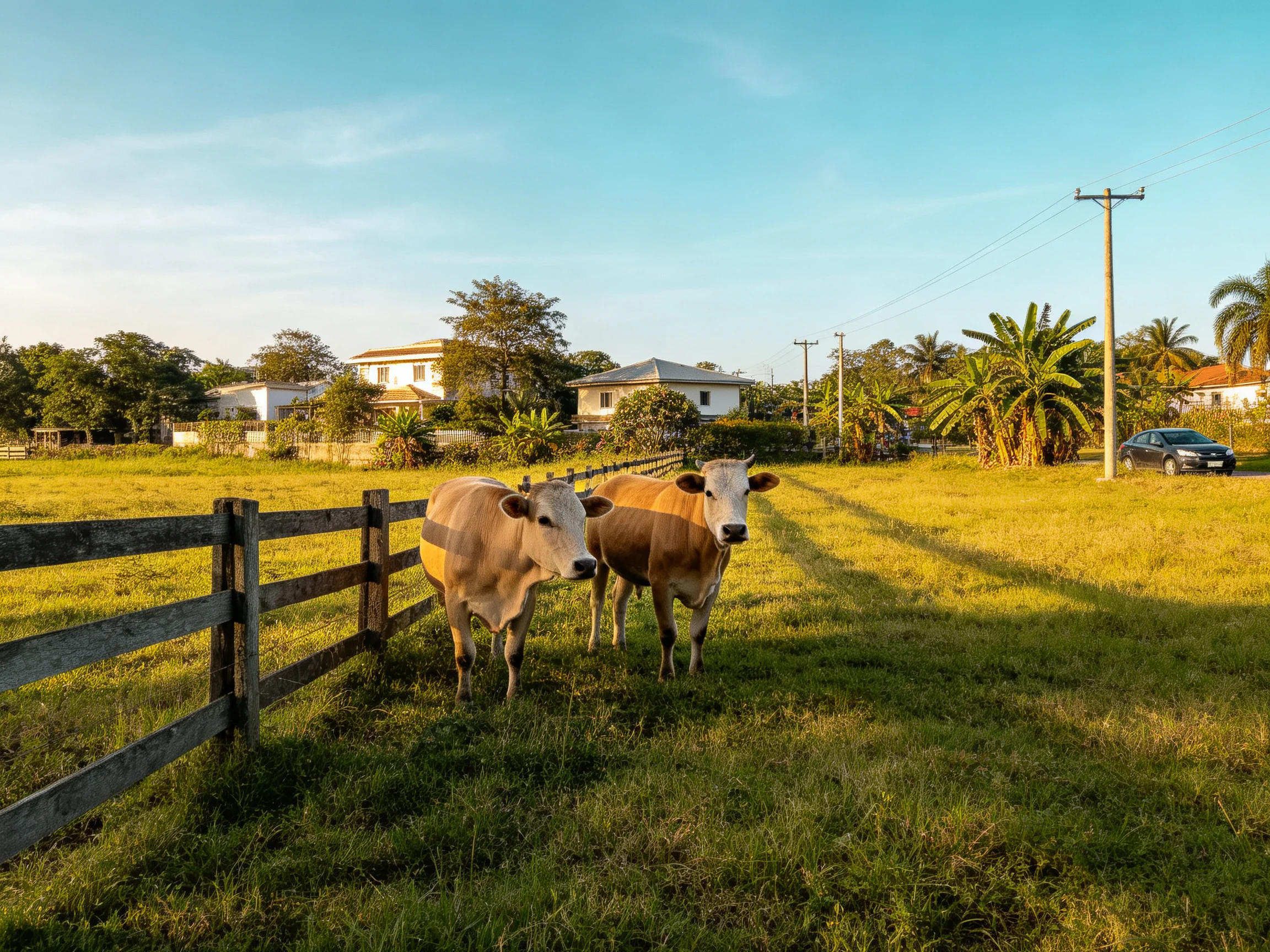 Two tan cows near a wooden fence in a sunlit countryside