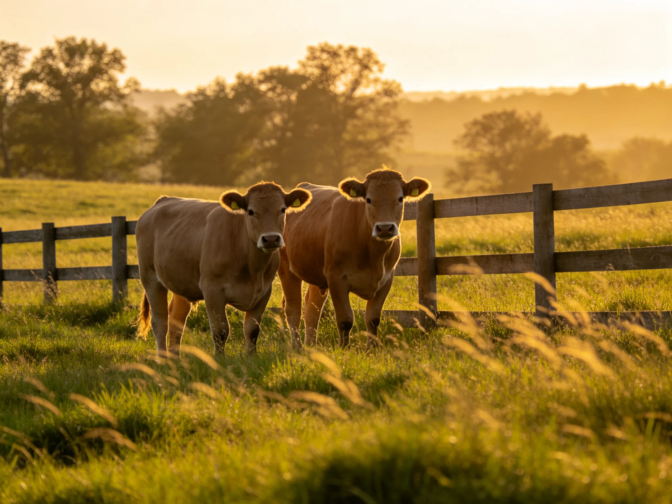 Two tan cows near a wooden fence in a sunlit pasture