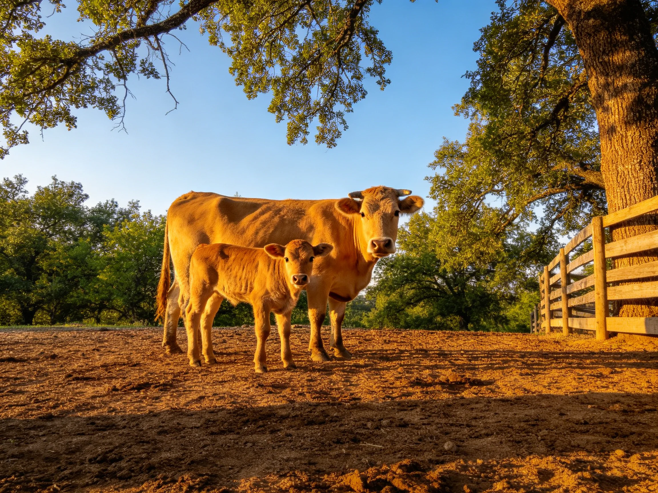 Two tan cows near a wooden fence under leafy trees
