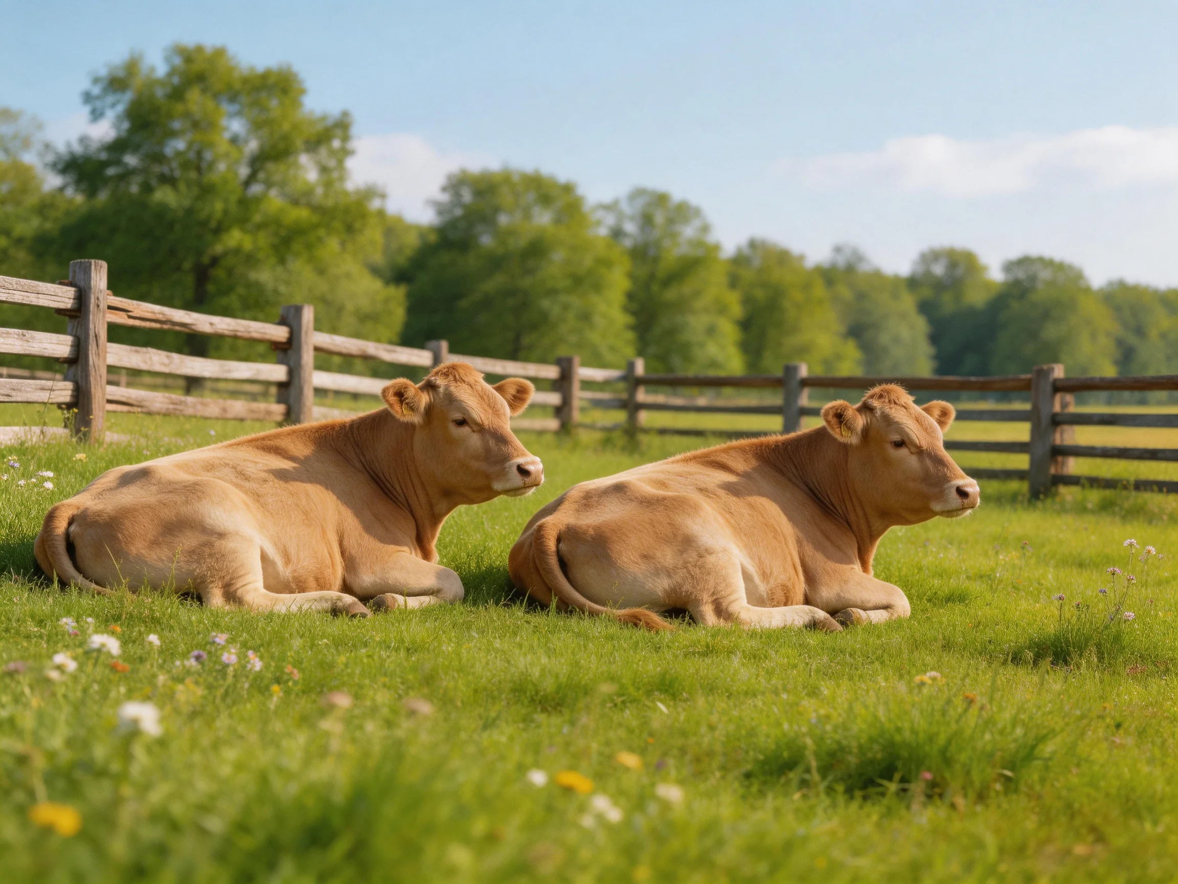 Two tan cows rest in a lush green pasture near a wooden fence
