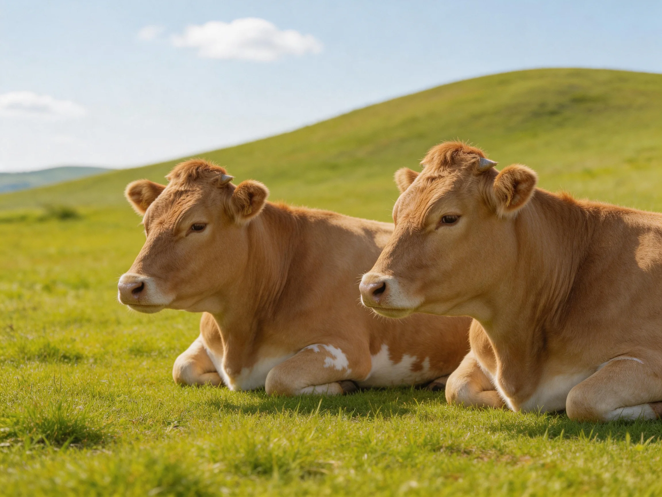 Two tan cows rest on a grassy hillside with rolling green hills