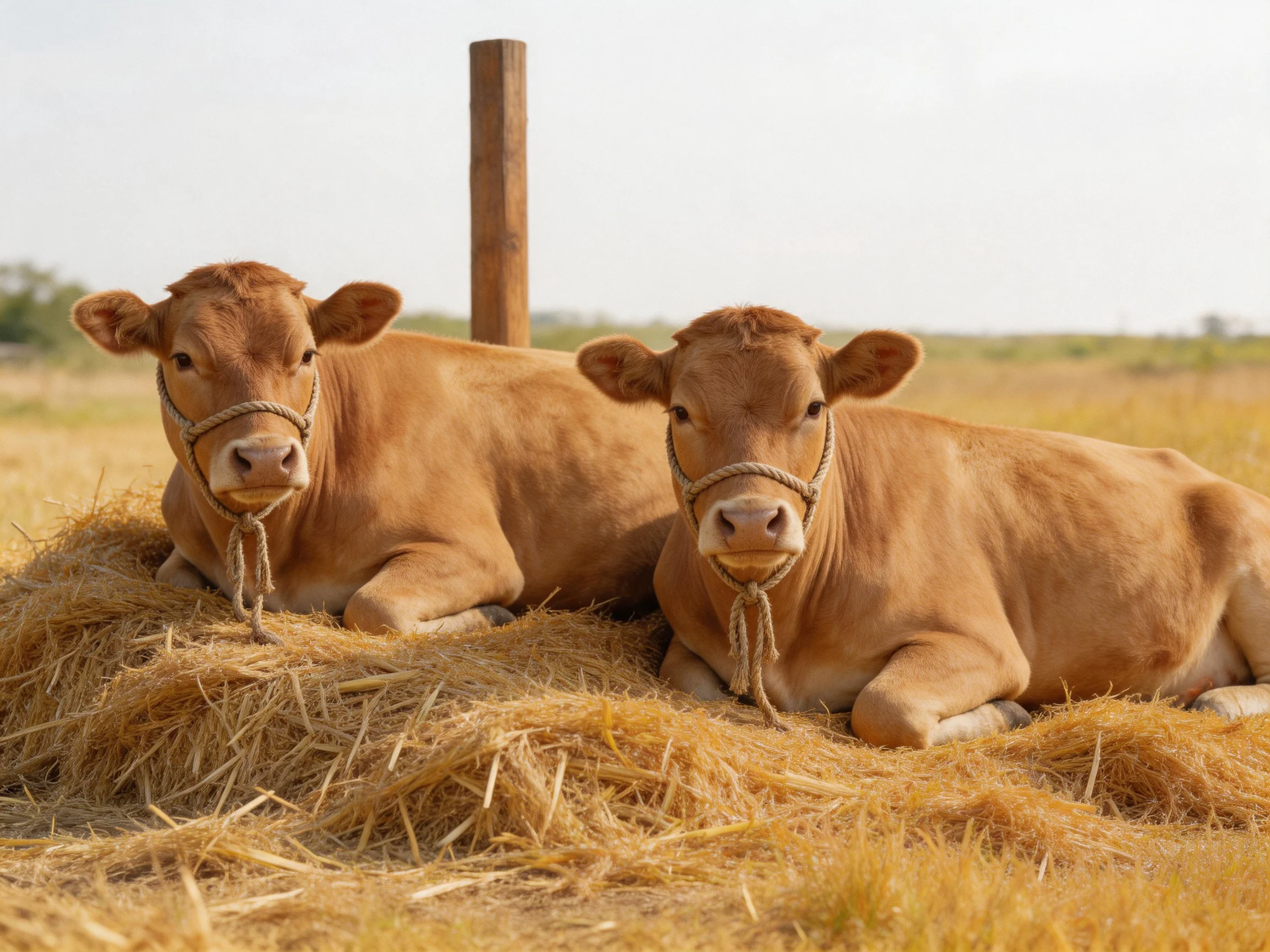 Two tan cows rest on golden straw near a wooden post