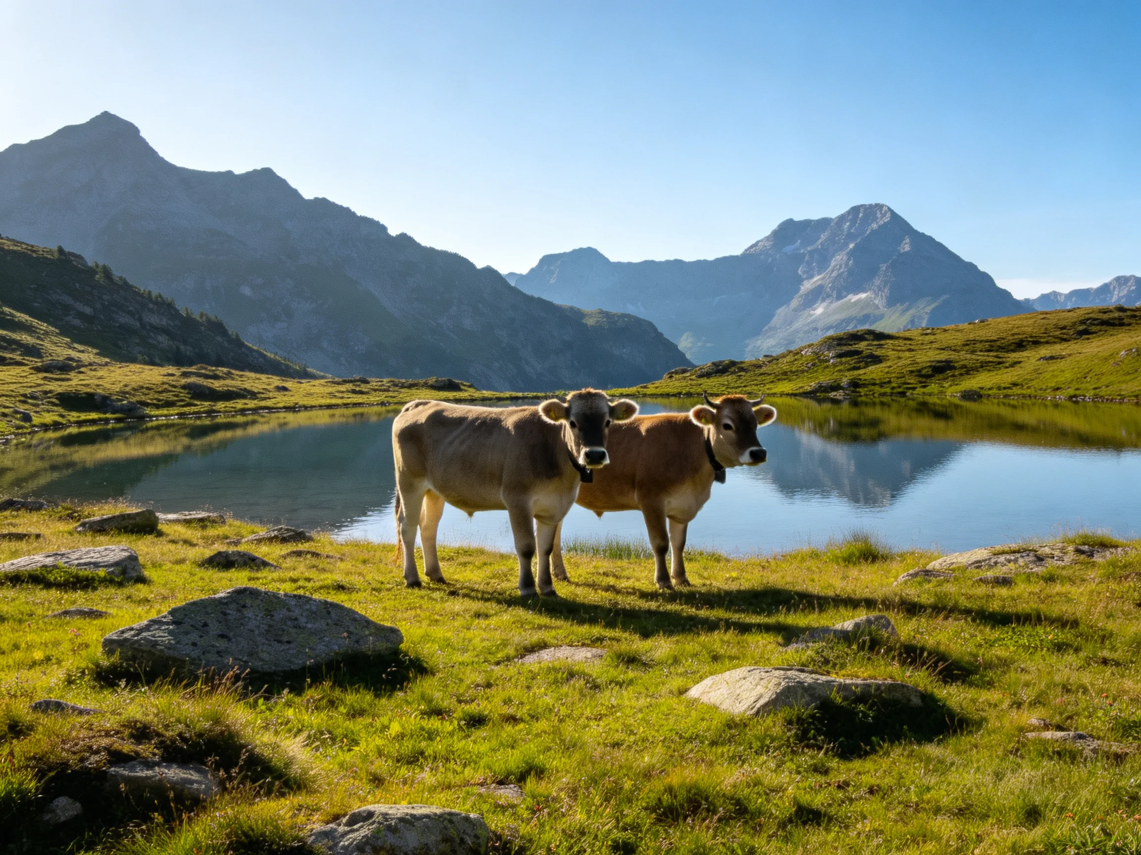 Two tan cows stand by a serene mountain lake with green pastures