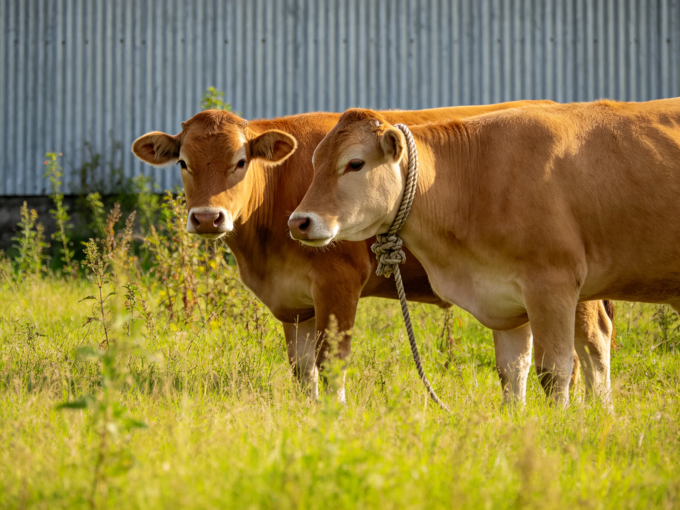 Two tan cows stand in a lush green meadow beside a corrugated metal building