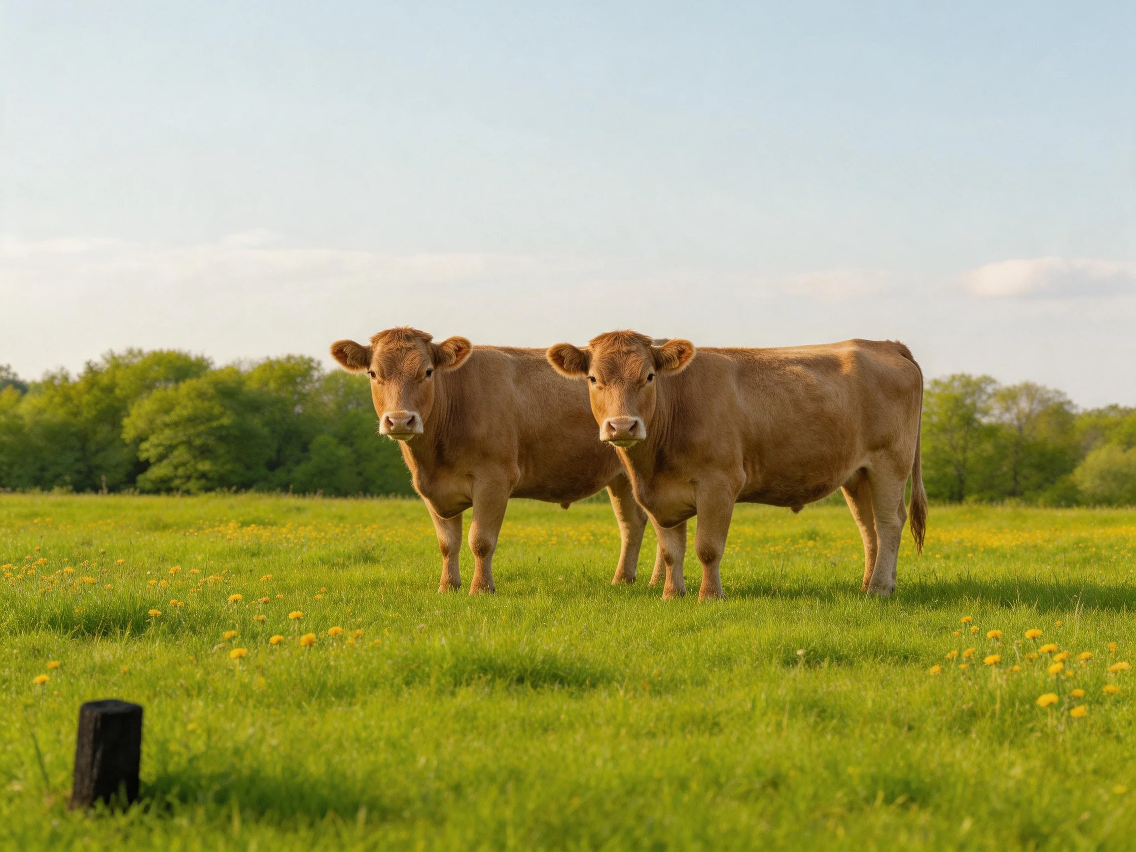 Two tan cows stand together in a sunlit green meadow dotted with yellow flowers.