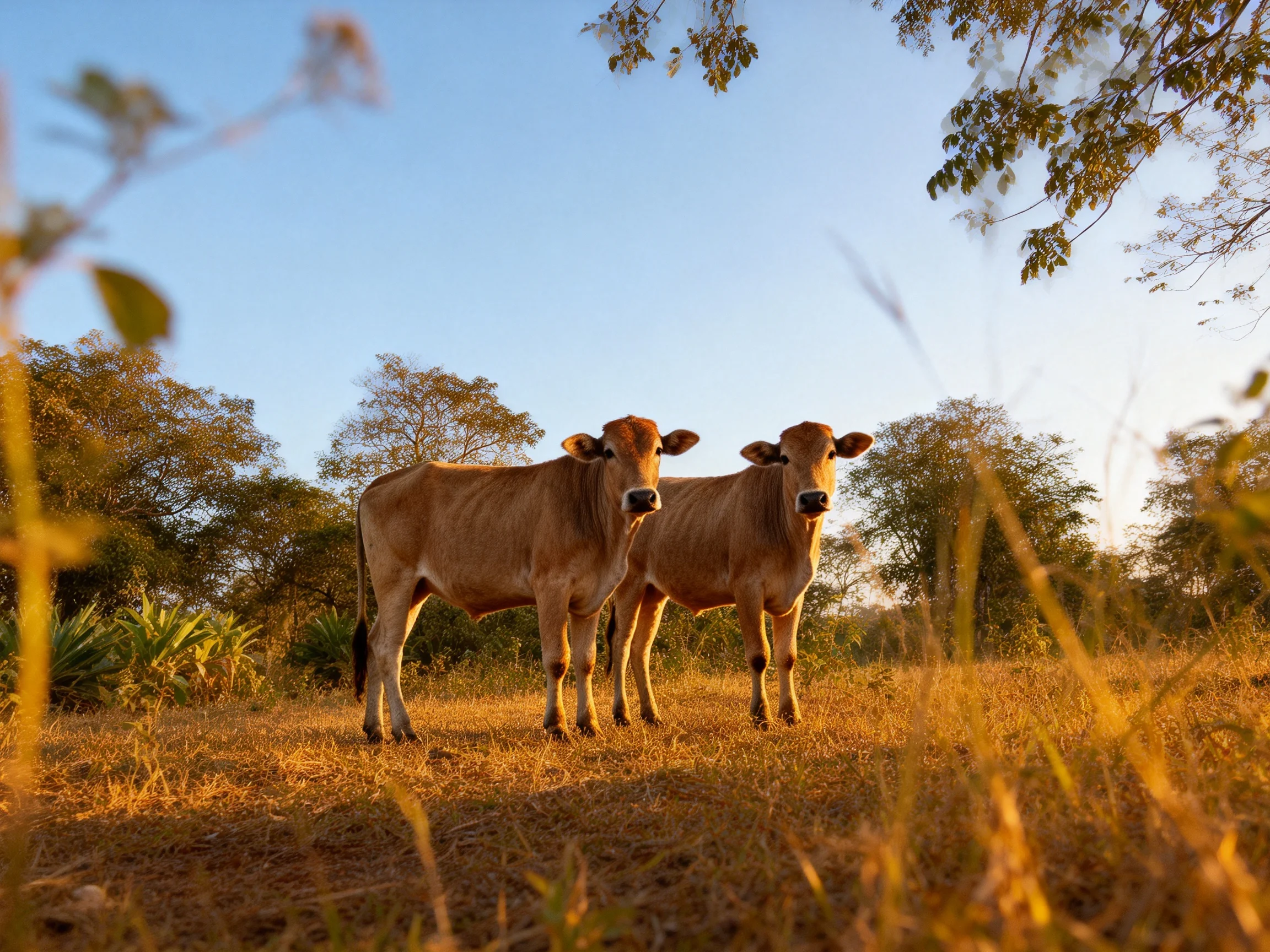 Two tan cows stand in a sunlit grassy field near trees