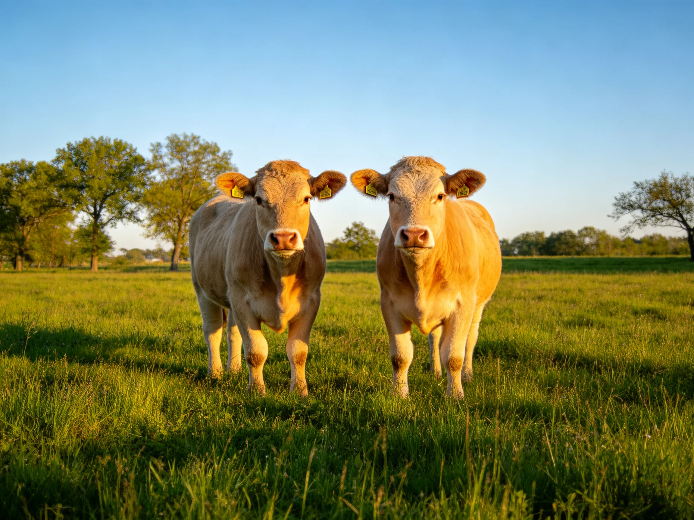 Two tan cows stand in a sunlit green pasture with trees