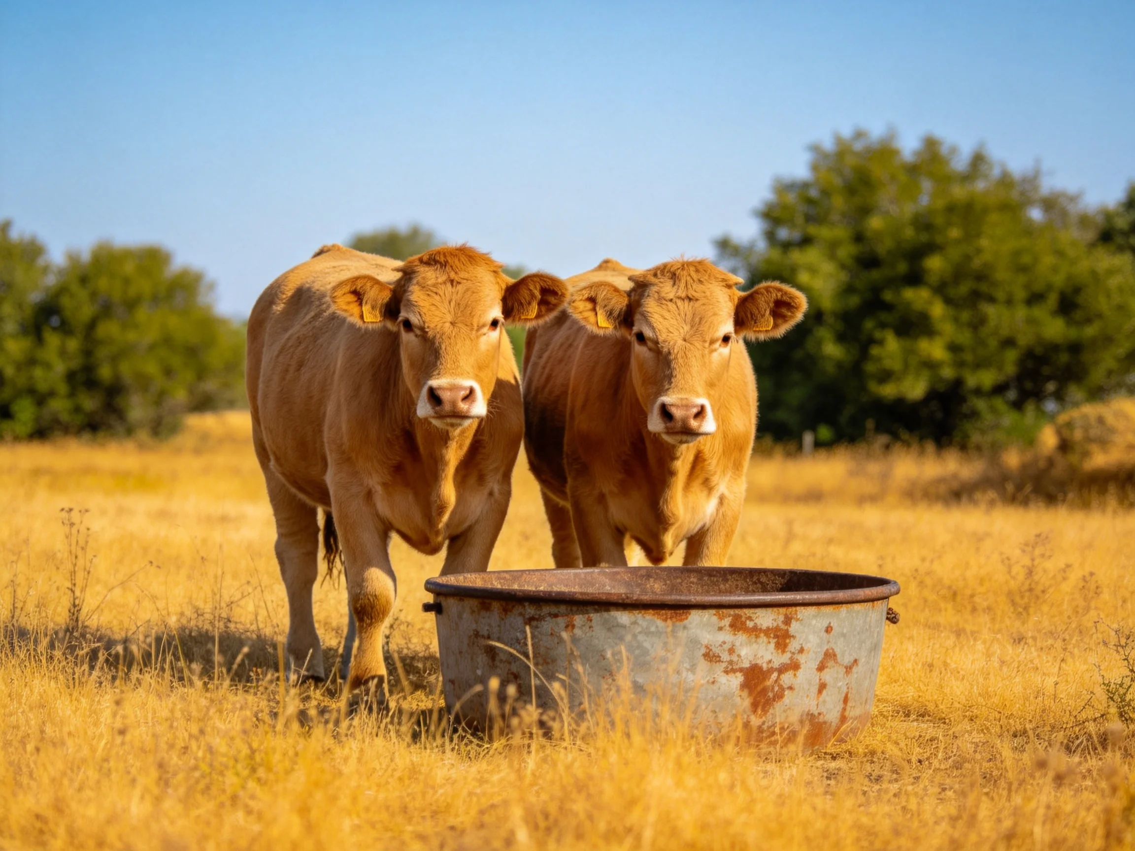 Two tan cows stand near a rusty metal tub in a golden field