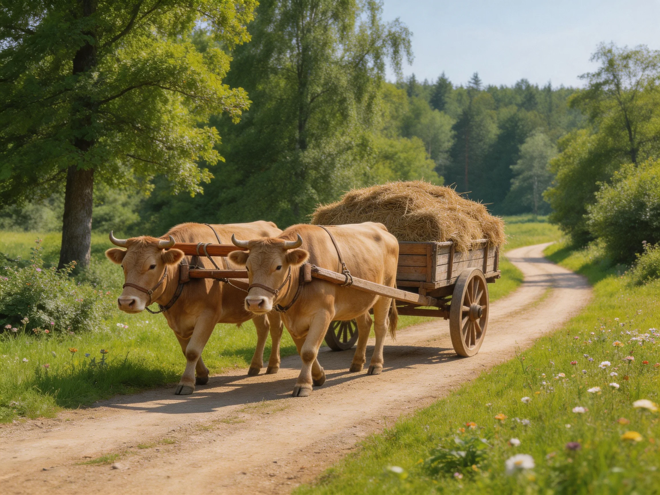 Two tan oxen pull a hay-laden wooden cart along a dirt path