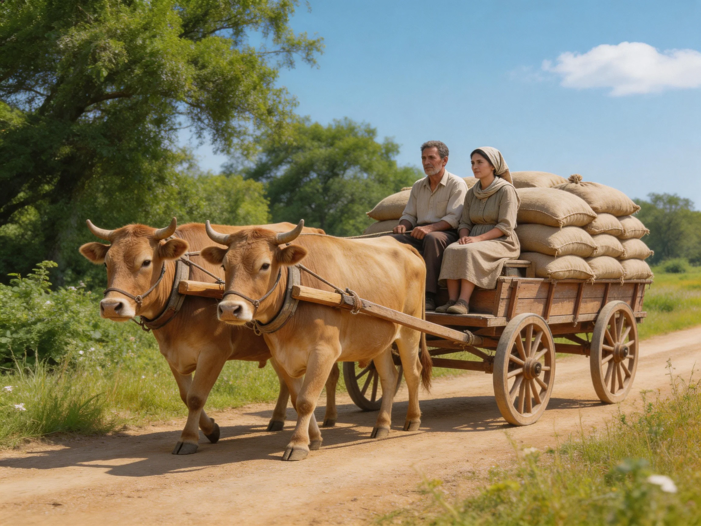Two tan oxen pull a wooden cart piled with sacks