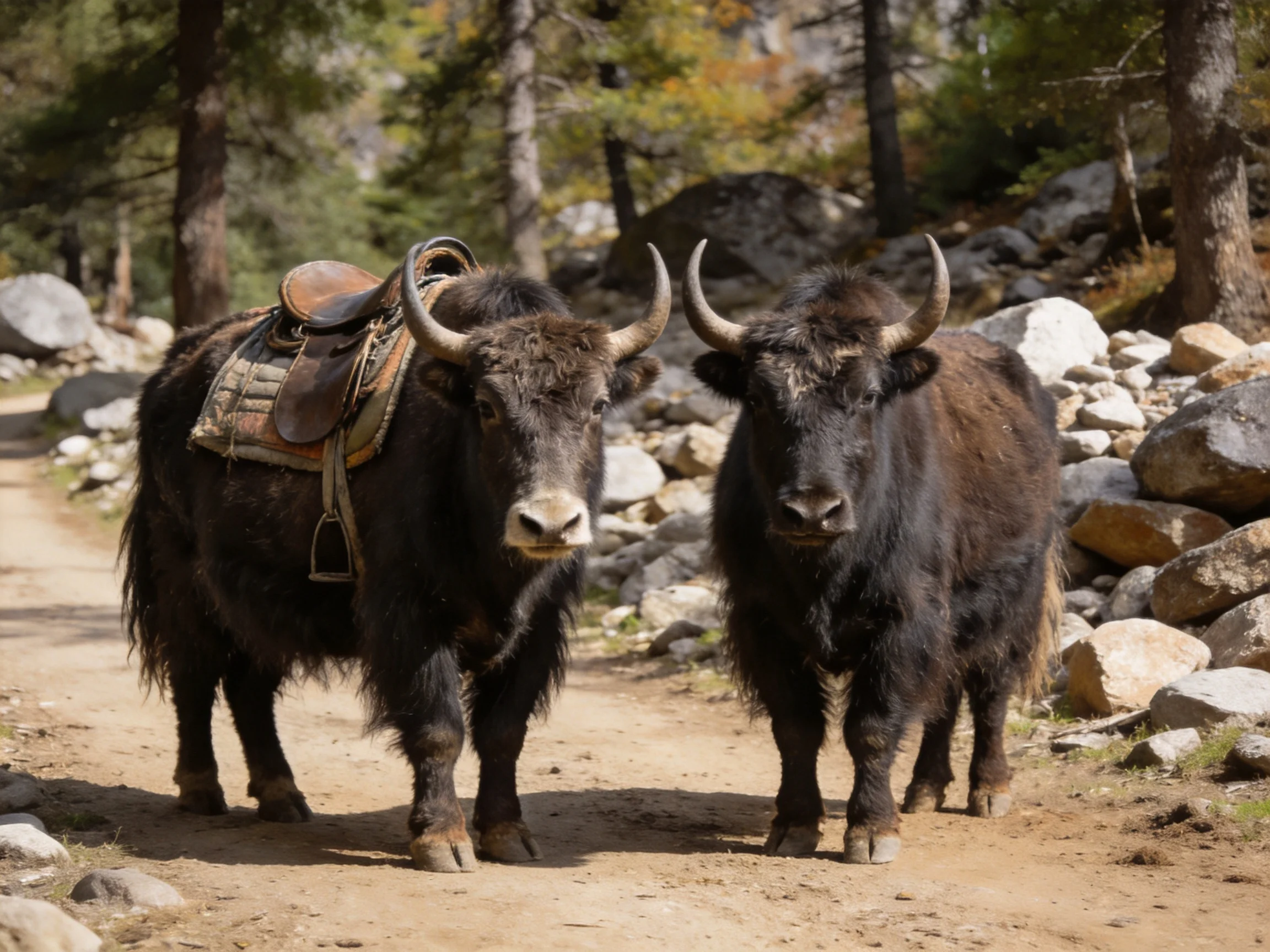 Two thick-coated yaks with a saddle on a rocky forest path