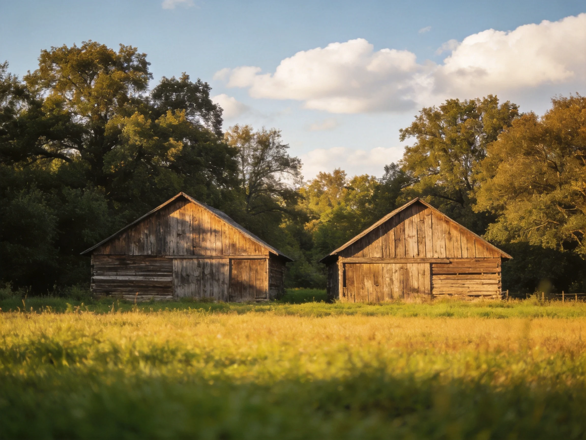 Two weathered wooden barns sit amid a golden field and lush trees