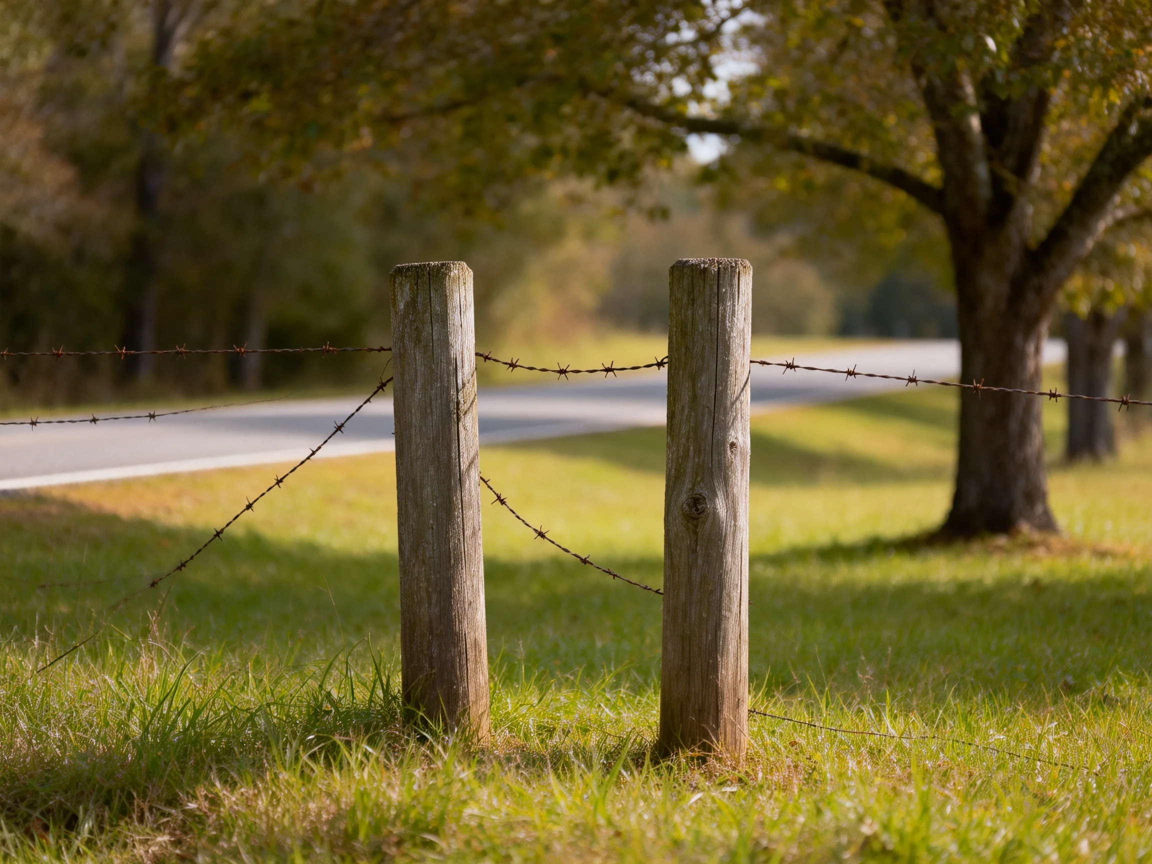 A barbed wire fence with wooden posts runs alongside a curving road.